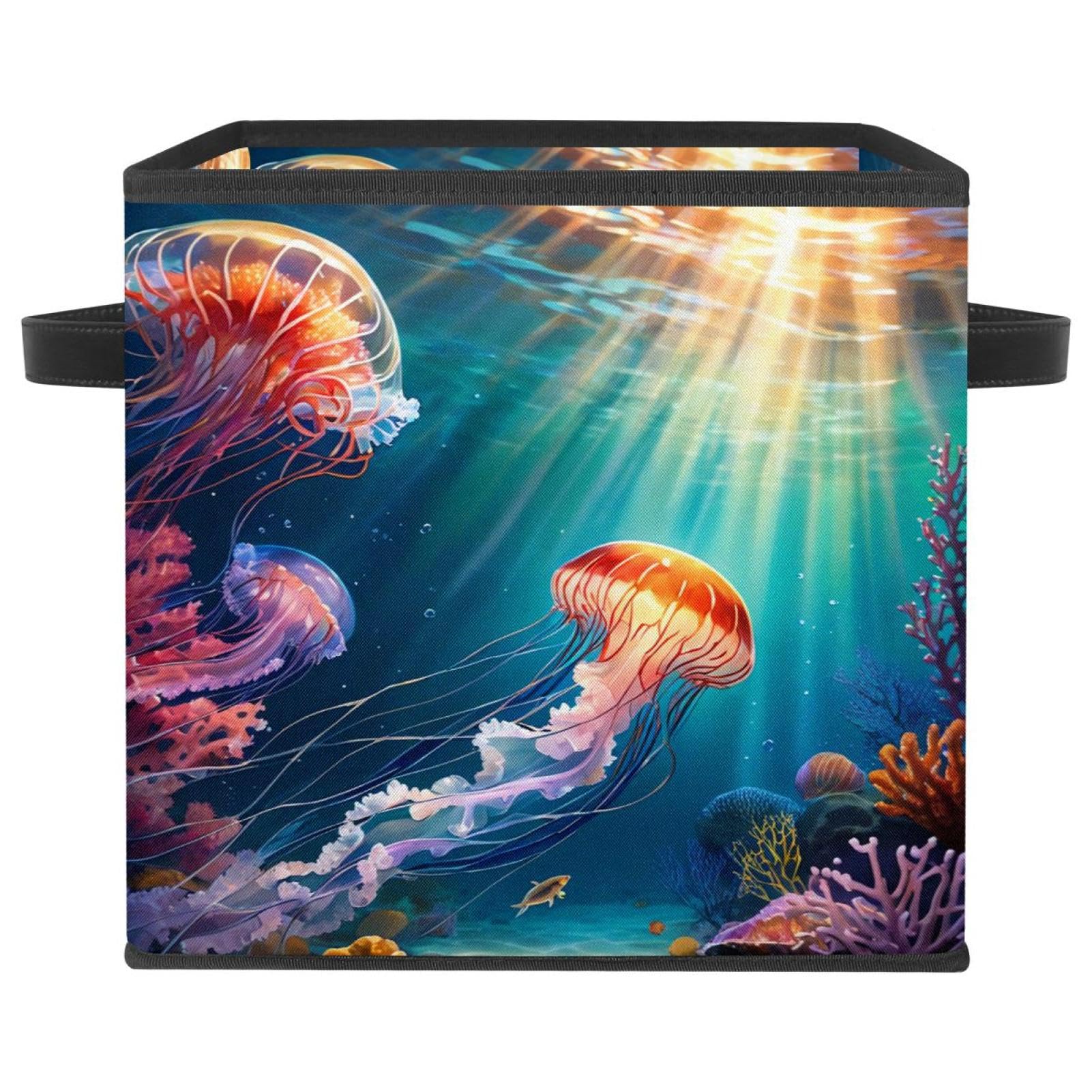 Grand cube de rangement pliable panier maison motif méduses mignonnes et cuir