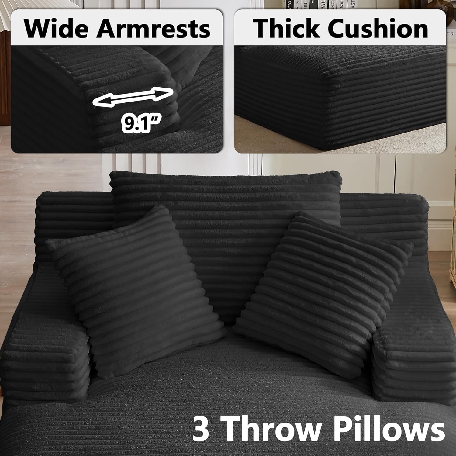 67" Chaise Lounge Indoor, Oversized Chaise Lounge Chair with 3 Comfy Pillows for Living Room Bedroom, Wide Arms Corduroy Fabric High-Density Foam No Assembly Required (Black)