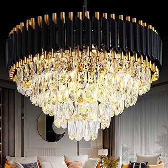 MSSIAN Gold Modern Crystal Chandelier 5-Tier K9 Round Crystal Chandelier Light 12 Lights Black Large Ceiling Light for Dining