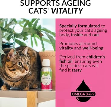 Cat Senior Health Supplement 7yrs+. Rich in Omega 3 – 200mg/ml, Antioxidant Vitamin E, Enhances Mobility, Supports Joints & Vital Organs. 150ml