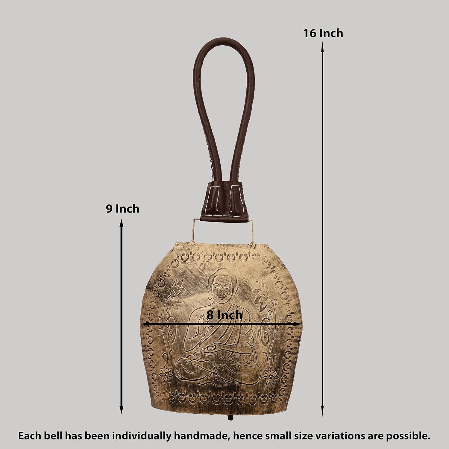 16” Hanging Buddha Bell – Handmade Antique Gold Cow Bell with Leather Strap, Vintage Meditation Bell for Home, Garden & Temple, Large Rustic Metal Bell for Zen, Yoga & Spiritual Décor