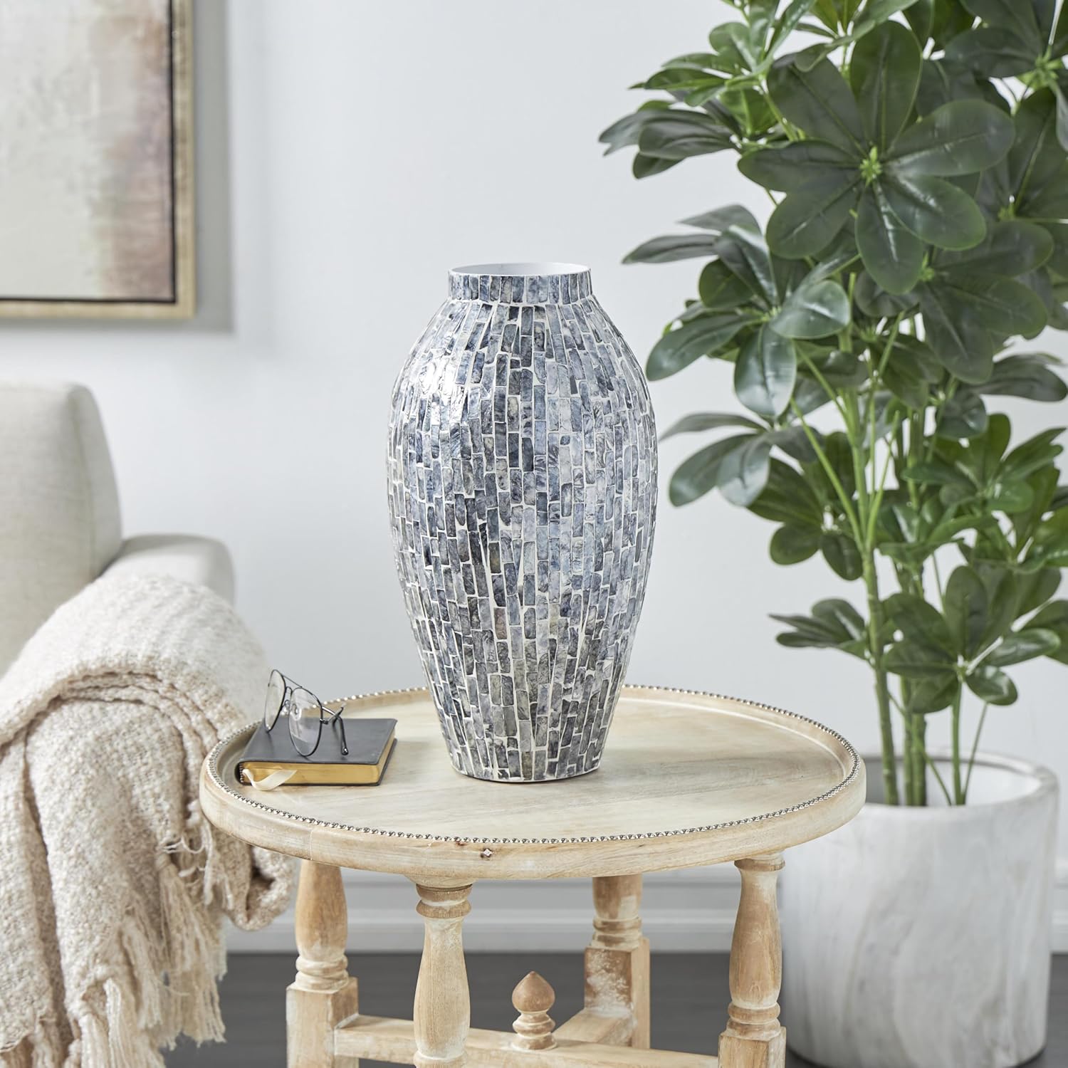 Deco 79 Mother of Pearl Shell Handmade Decorative Vase Mosaic Inspired Centerpiece Vase, Flower Vase for Home Decoration 8" x 8" x 15", Gray - Image 5