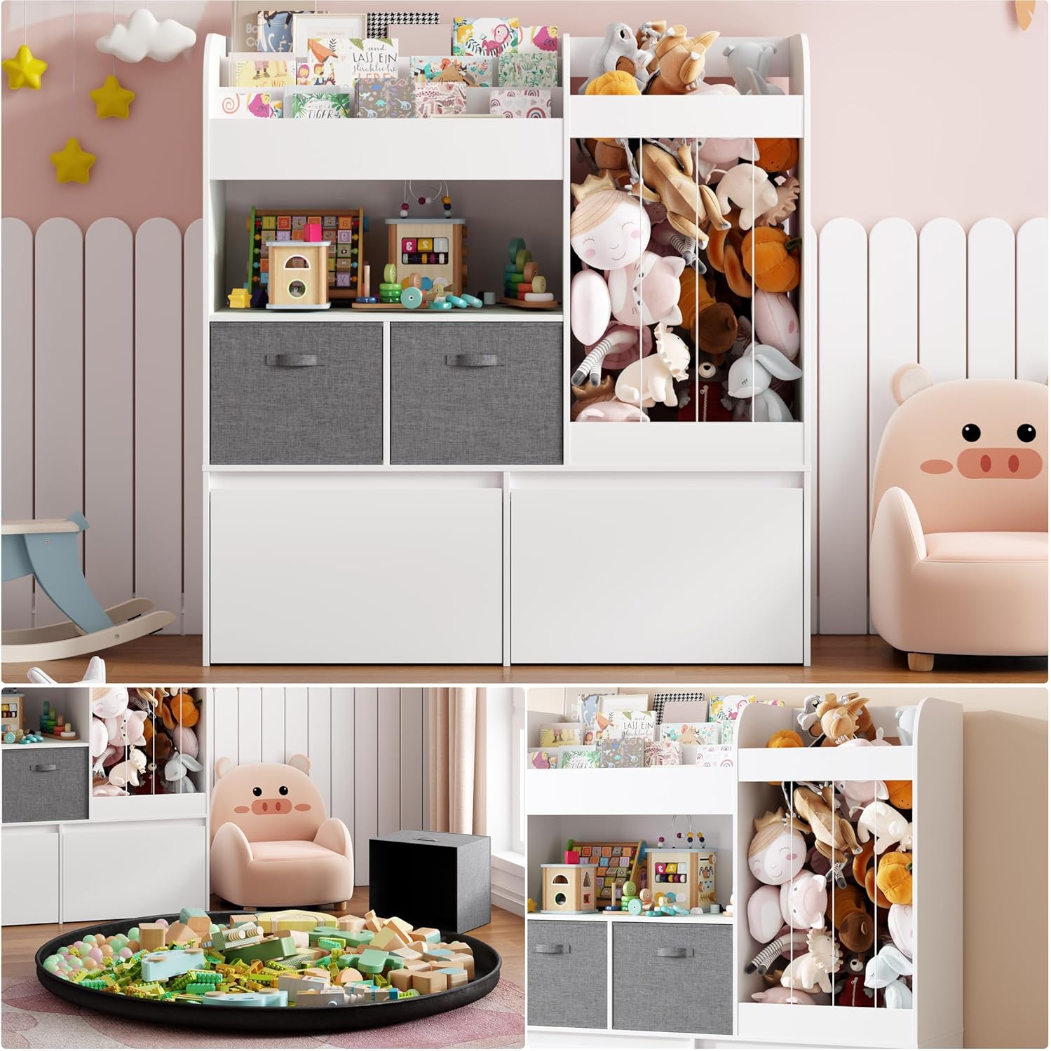 Kids Bookshelf, Stuffed Animal Storage with Play Mat, Wooden Toy Storage Organizer with 2 Movable Drawers and 3 Tier Bookshelf for Kids Room, Playroom, Nursery, Easy Assembly, White