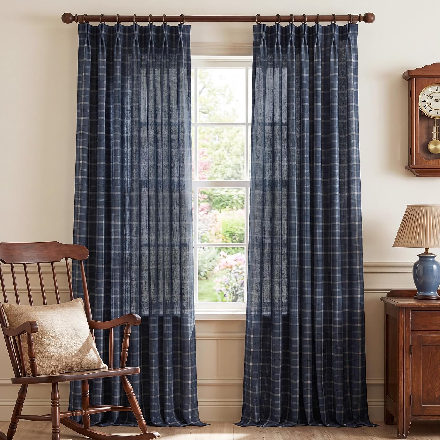 NICETOWN Pinch Pleated Blue Plaid Curtains 2 Panels, W40 x L84 in, Linen Blend Light Filtering Privacy Draperies with Grid Tartan Pattern, Premium Curtains for Living Room, Dining Room with Hooks