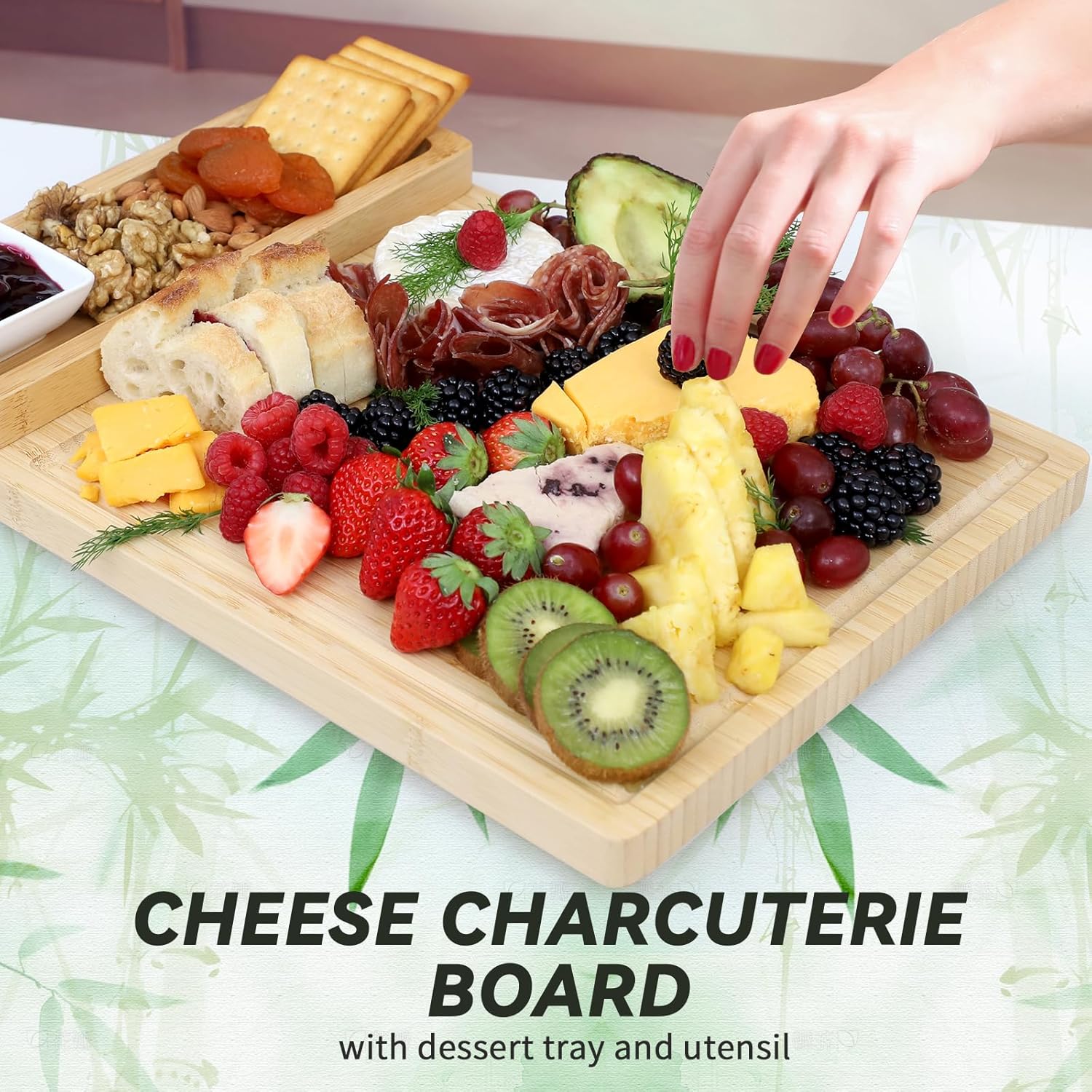 Charcuterie Boards Set, 100% Bamboo Cheese Board Set with Knife Cheese Platter - Tray with Cutlery, Fruit Tray and Bowl, House Warming Gifts New Home - Image 7