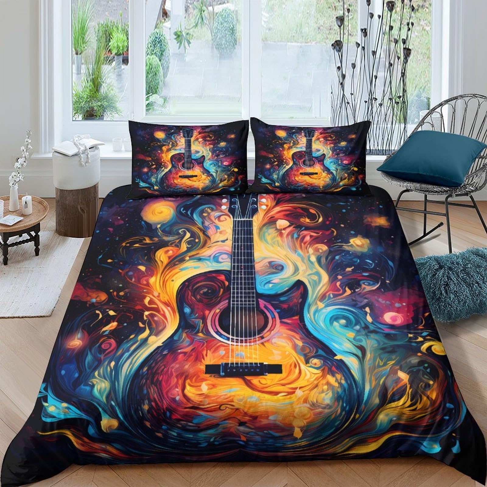 Ctjqhvkz Style-10 3D Printed Colorful Guitar Fitted Sheet Microfiber Soft Artistic Music Bed Cover For Bedroom Dorm Mattress Decor Single（135X200cm）
