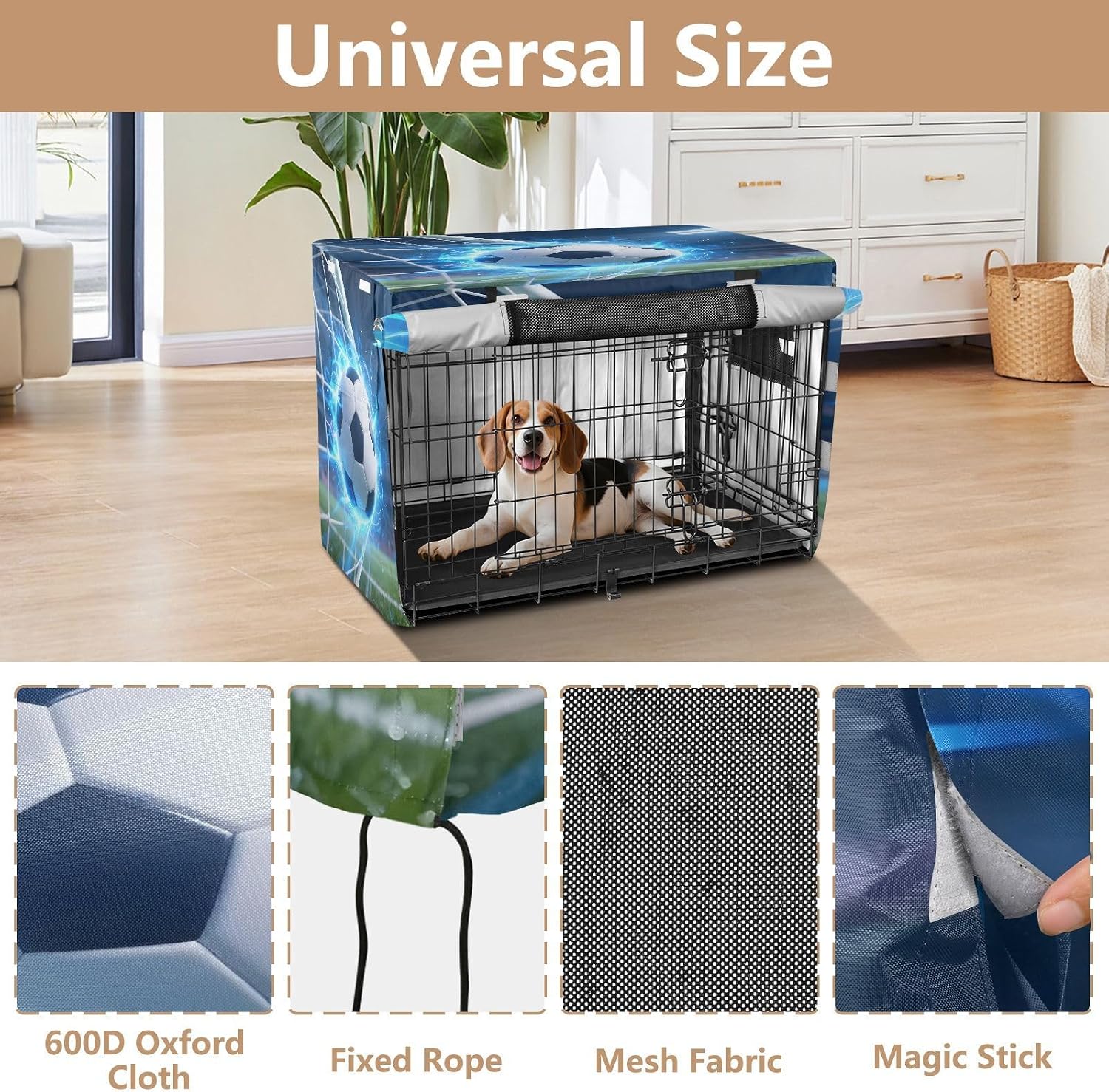 Soccer Ball Goal Net Dog Crate Cover 600D Oxford Pet Kennel Cover with Mesh Window for Dog Cages, Windproof Waterproof Machine Washable, 48"x30"x33"