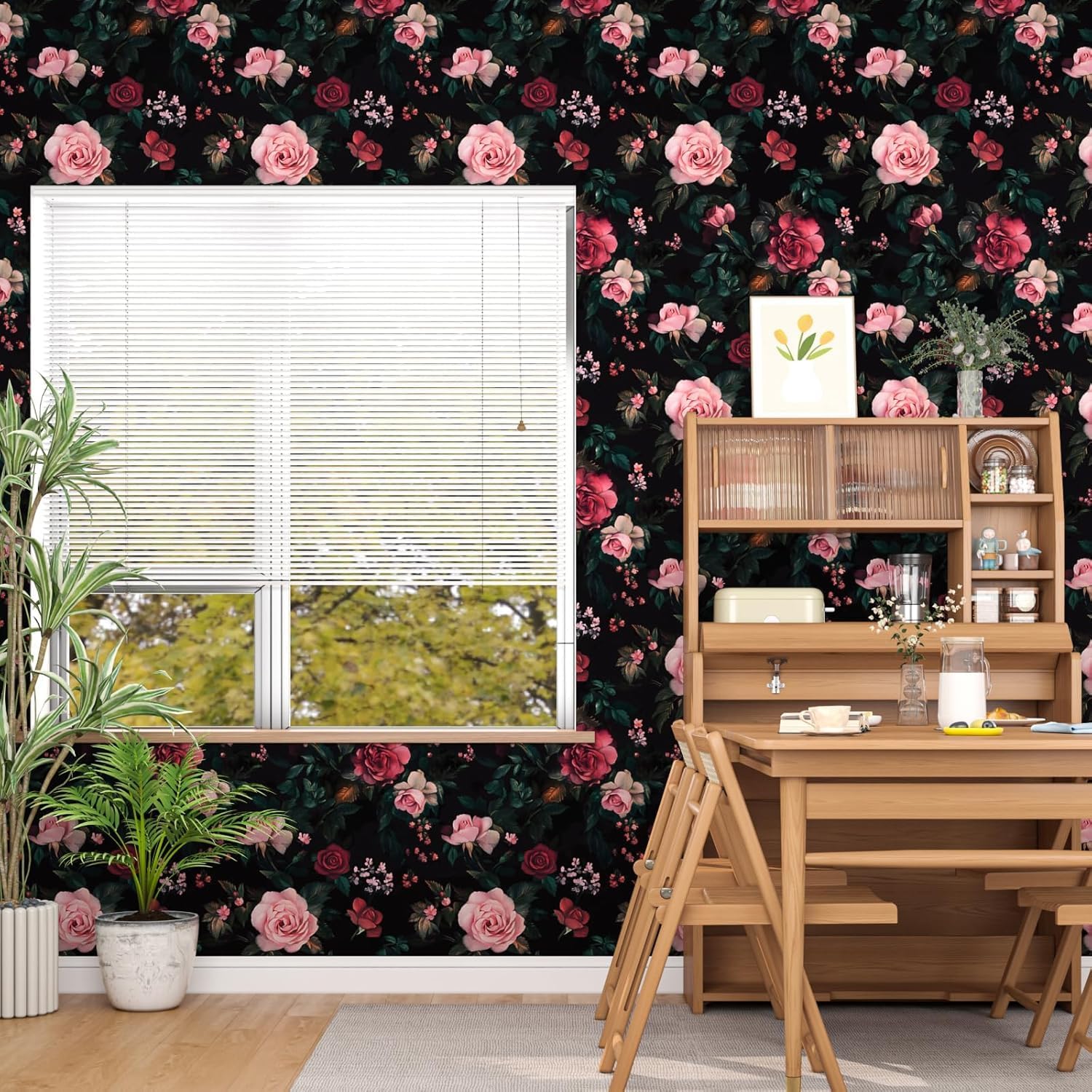 Fvlow Vintage Wallpaper Dark Floral Peel and Stick 17.4" x 394" Boho Contact Paper Waterproof Removable Wall Covering for Bedroom Kitchen Countertop Desk Home Decor
