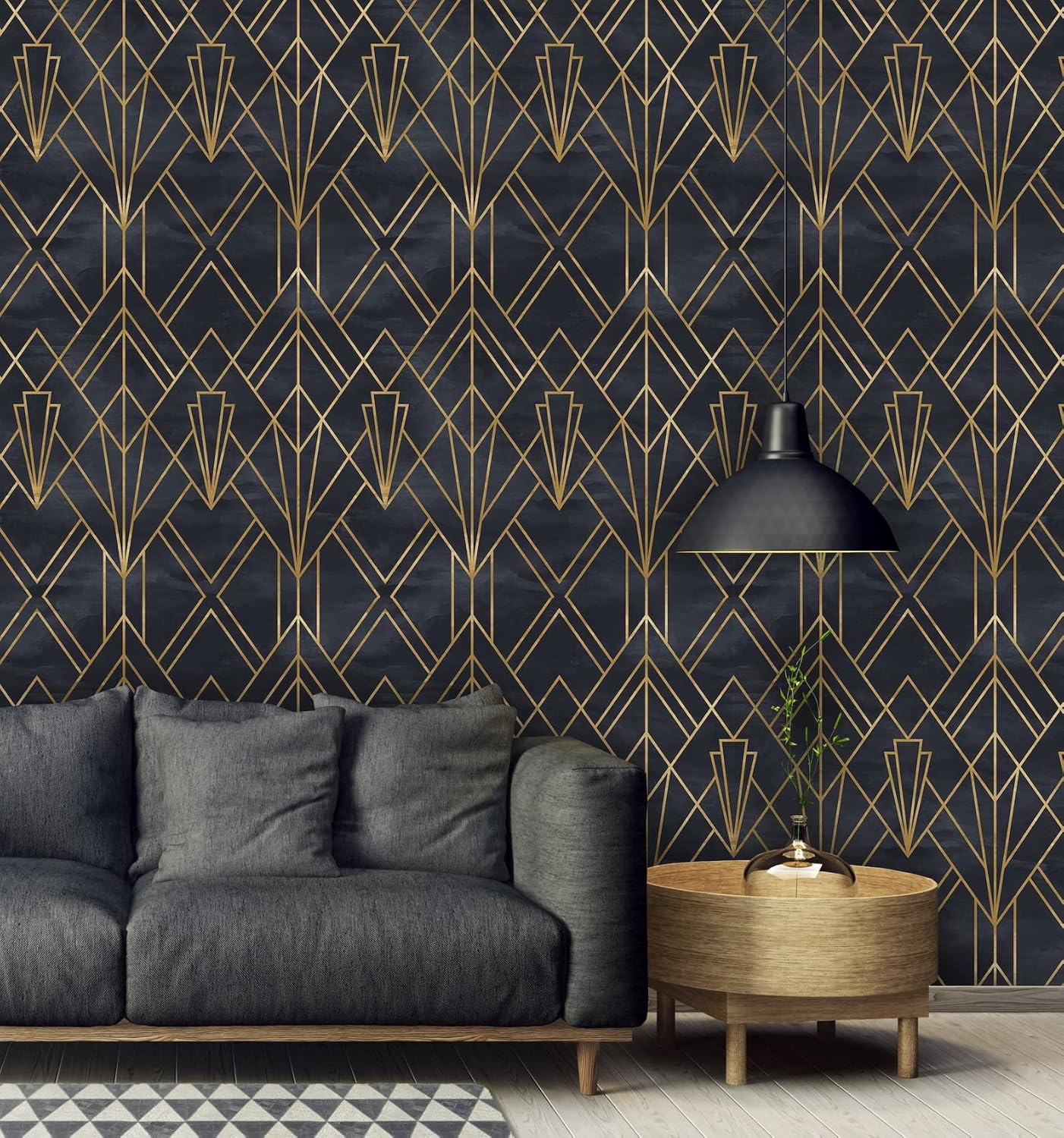 Removable Peel and Stick Wallpaper, Self-Adhesive Art Deco Wall Mural, Geometric Art Deco Lines, Watercolor Black Background (1 roll 24" W x 96" H)