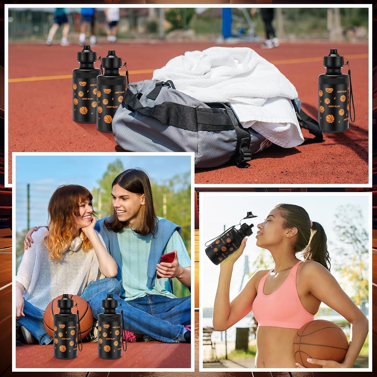 Maxdot 12 Pcs Basketball Water Bottles Bulk 18 oz Squeeze Reusable Plastic Water Bottle with Nylon Strap Leak Proof Sport Theme Cup for School Basketball Team Grad Gift(Black) - Image 6