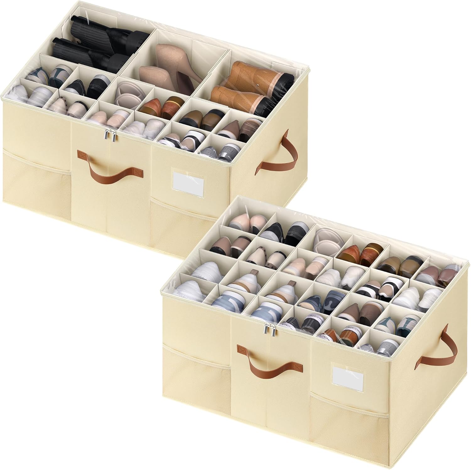 Shoe Organizer for Closet, 2 Pack Shoe Storage Containers with Adjustable Dividers, Space Saving Shoe Box Storage Organizers Bins with Clear Lid & 4 Handles, Fits 24-48 Pairs, Beige