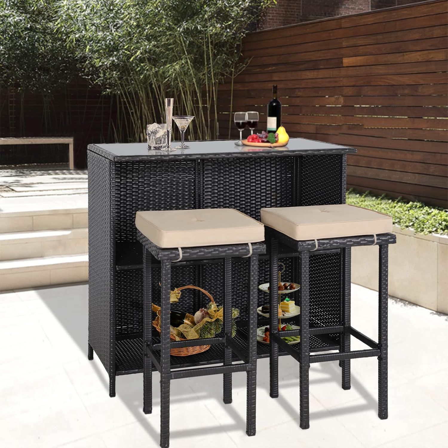 Crownland 3-Piece Wicker Patio Outdoor Bar Set, 2 Stools and 1 Glass Top Table, Bistro Set, Brown Furniture for Deck, Lawn, Backyard
