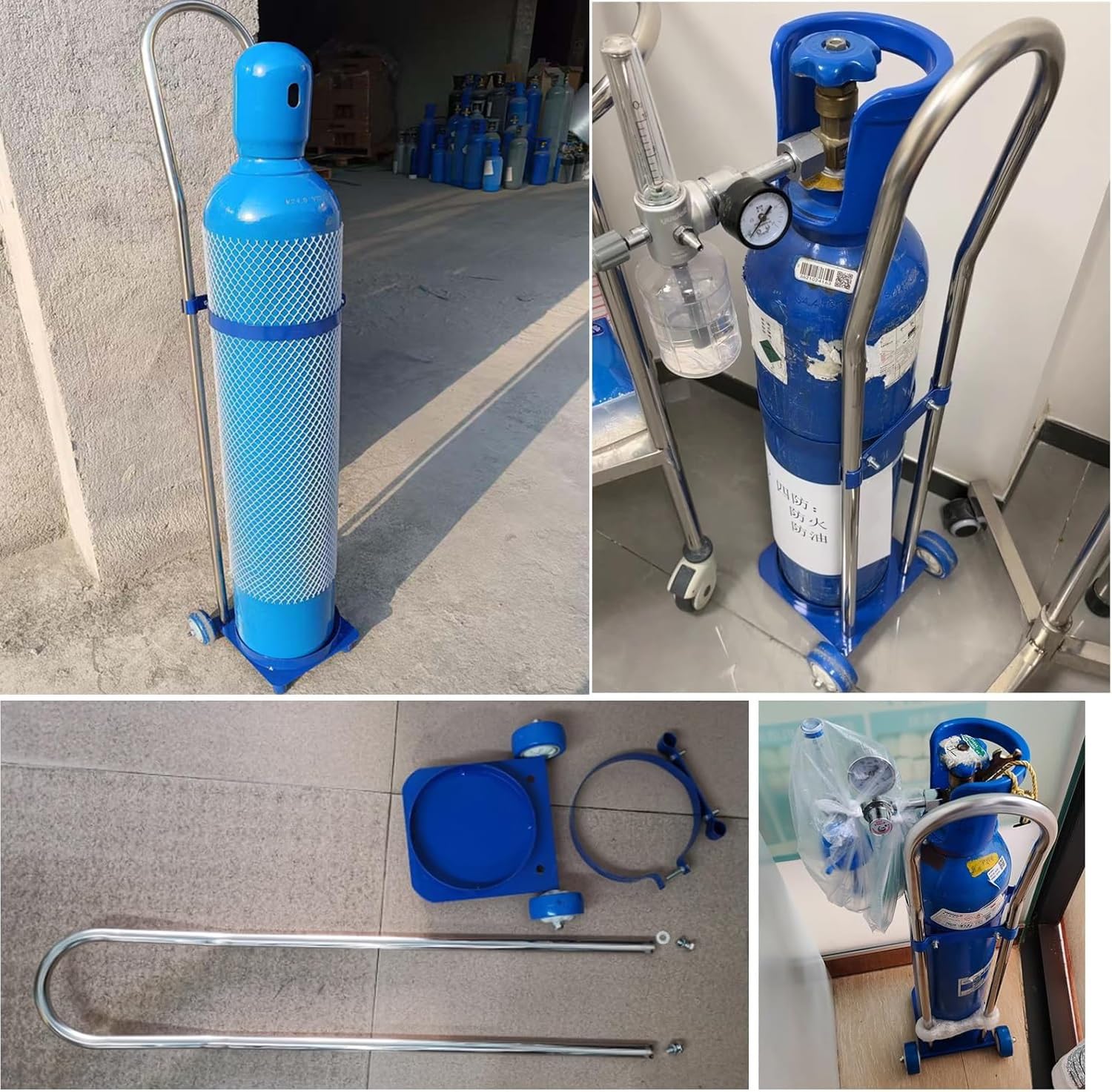 Wózek na butle z tlenem Wózek na butle ze stali nierdzewnej Z cichymi kołami Przenośny wózek na butle z tlenem Na butle gazowe 10, 15 i 20 l(H 110cm/20L)