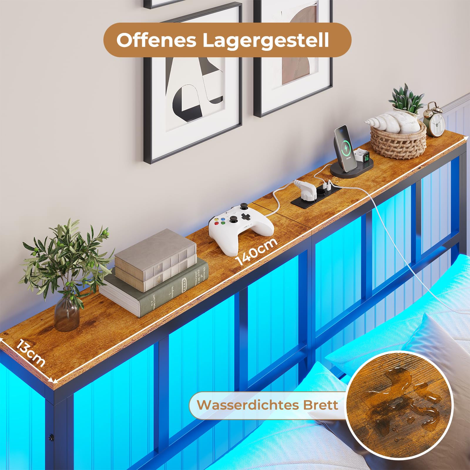 Brinlawb Bett 140x200 mit Lattenrost aus Metall, Bettgestell 140x200 mit LED Beleuchtung, Ladestation (2 AC-Steckdosen,2 USB-Anschlüsse) Metallbett Doppelbett mit Kopfteil und Stauraum