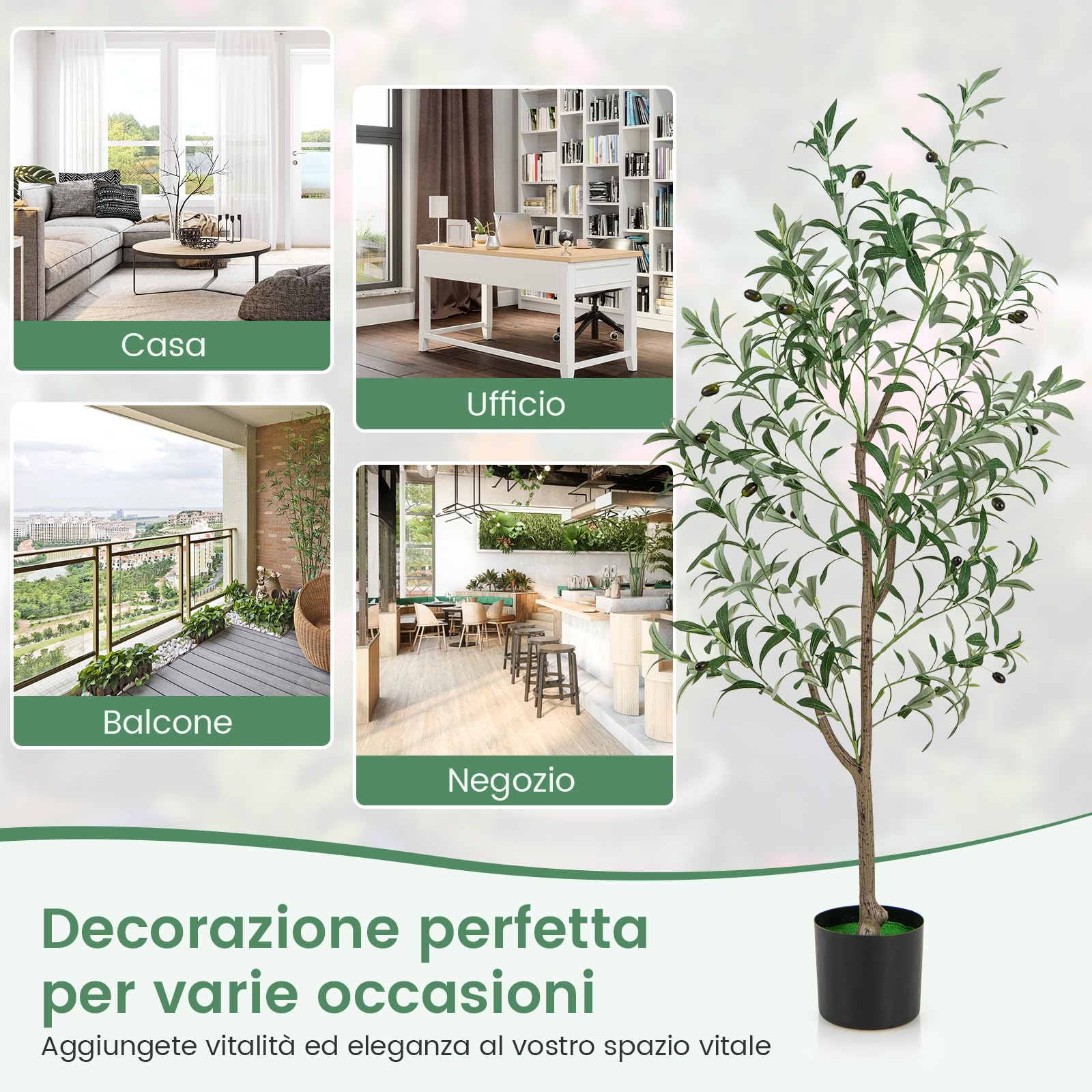 COSTWAY Pianta Finta di Oliva 130 cm, Pianta Olivo Artificiale in Vaso Decorazione per Casa e Ufficio, Pianta Finta in PE con Frutti Realistici da Interno ed Esterno (1)