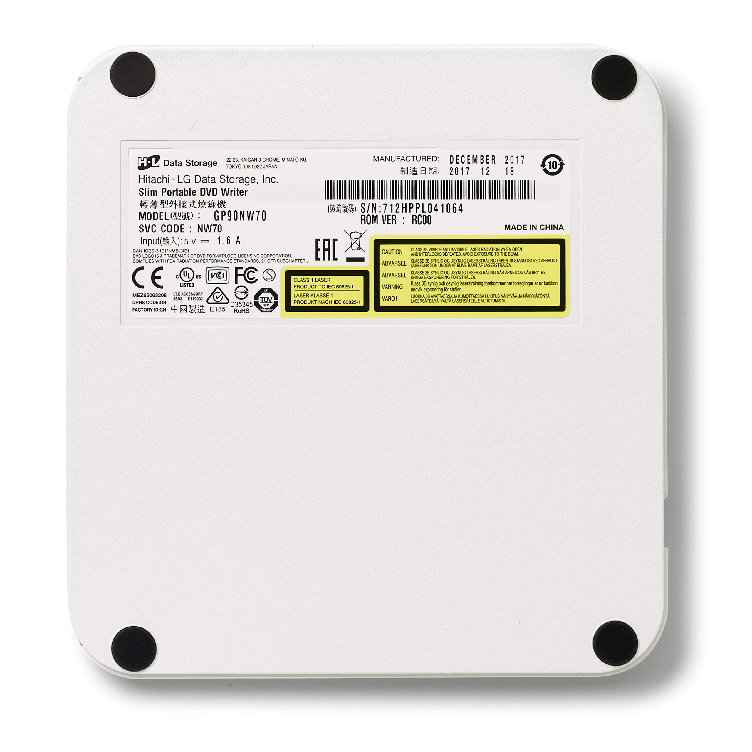 Hitachi-LG GP90NW70 External DVD Drive USB 2.0 Ultra Slim Portable DVD-RW CD ROM Rewriter for Laptop Desktop PC Windows and Mac OS with TV Connectivity - White