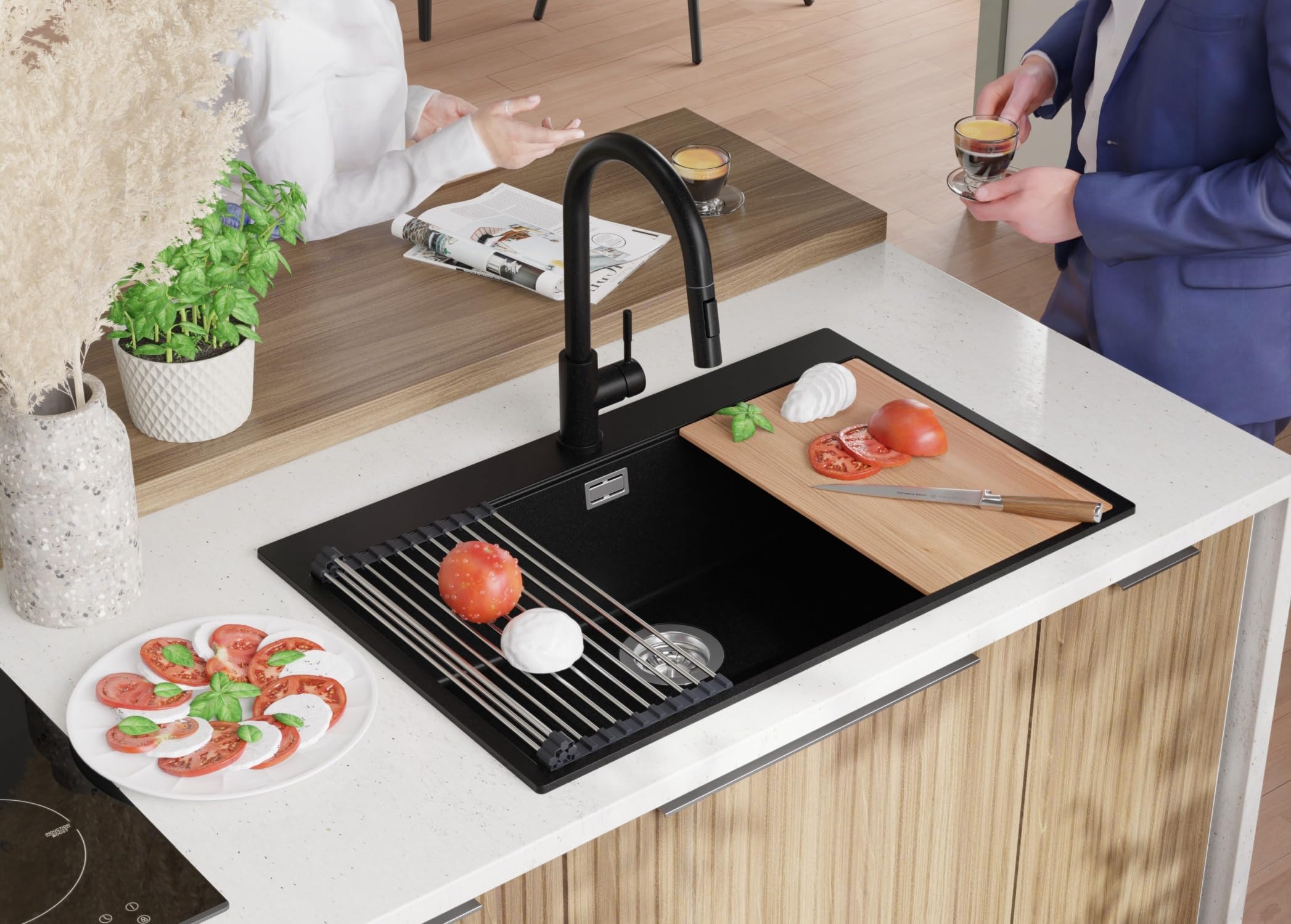 PRIMAGRAN Lavello da Cucina Nero 78x50cm, Lavandino in Granito a 1 vasca + Set di accessori, Lavabo da Cucina Incasso al Mobile 80cm - Oslo Top S557