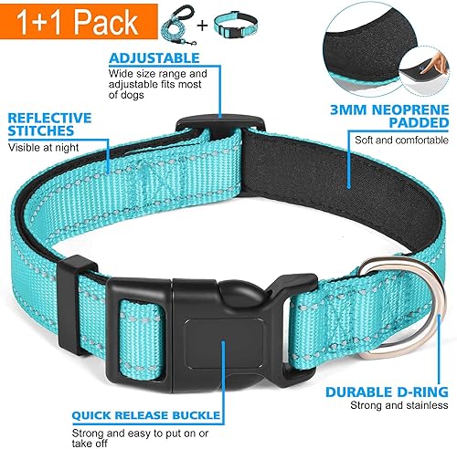 Miniatura 3 de Ladoogo Collar reflectante para perro acolchado con neopreno suave transpirable ajustable nailon para perros pequeños medianos y grandes