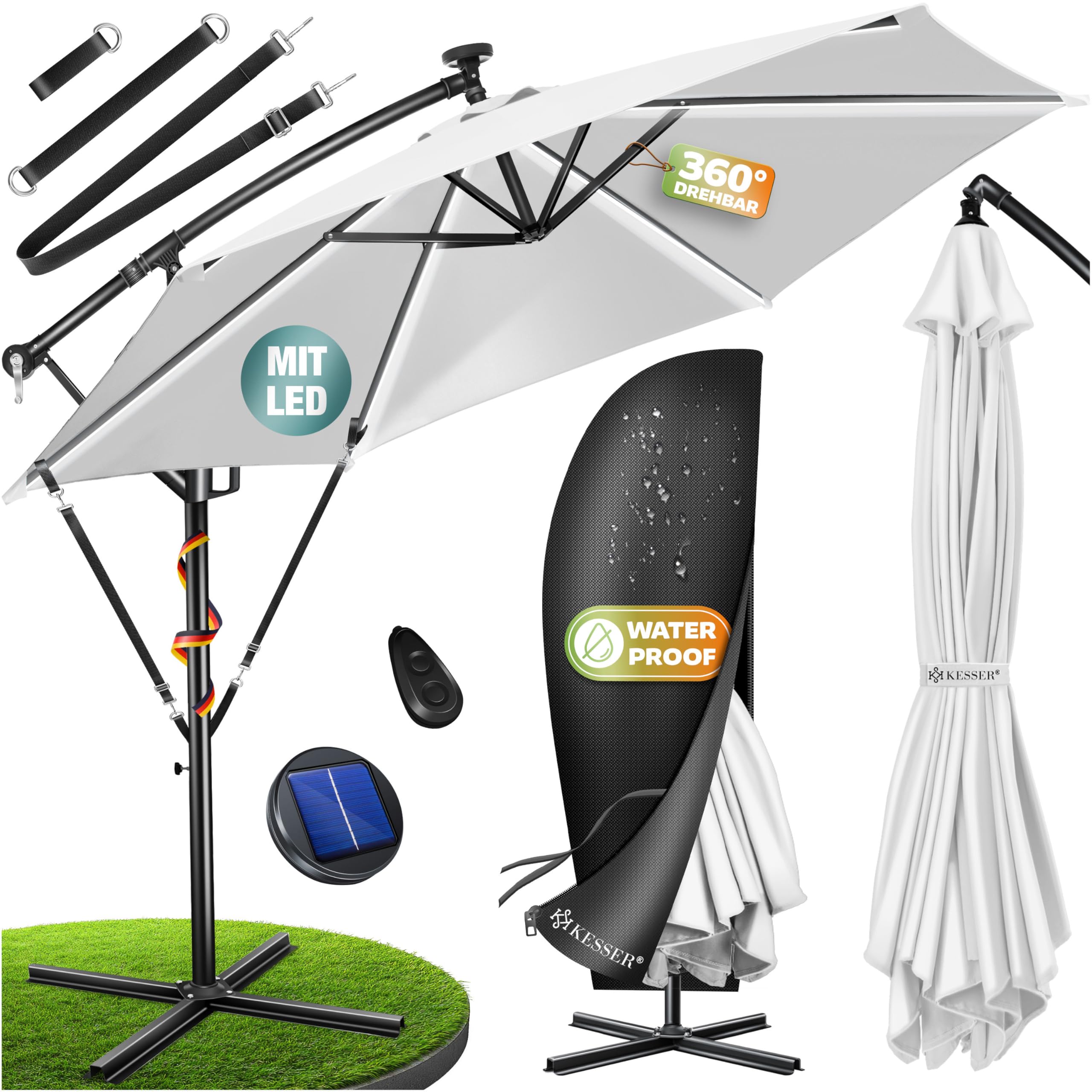 KESSER® Sonnenschirm Solar Ø 300 cm/Ø 350 cm mit LED Beleuchtung, Ampelschirm mit Kurbel, Garten, Sonnenschutz, Gestell & Ständer aus Alu, UV-Schutz, wasserdicht + Windfest, 360° Funktion + Hülle