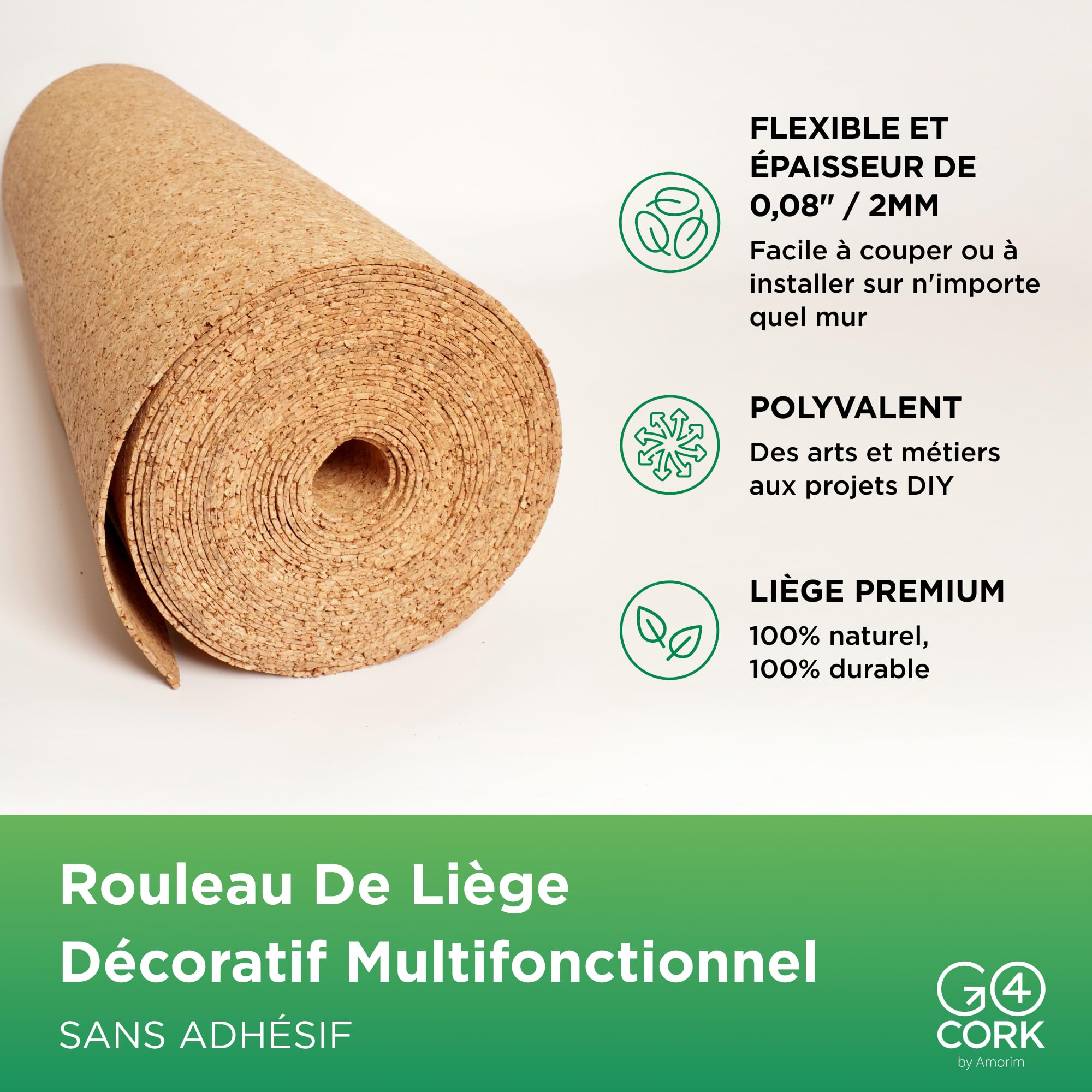 Go4Cork Rouleau de liège extra large – 50 cm x 8 m | Rouleau de liège double face de qualité supérieure | Multifonction pour les travaux manuels, la maison, la salle de classe et le bureau