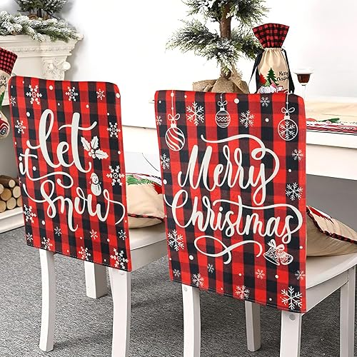 Miniatura 6 de Juego de 6 fundas navideñas para sillas de comedor, diseño de búfalo rojo y negro, para decoración navideña de invierno con copos de nieve
