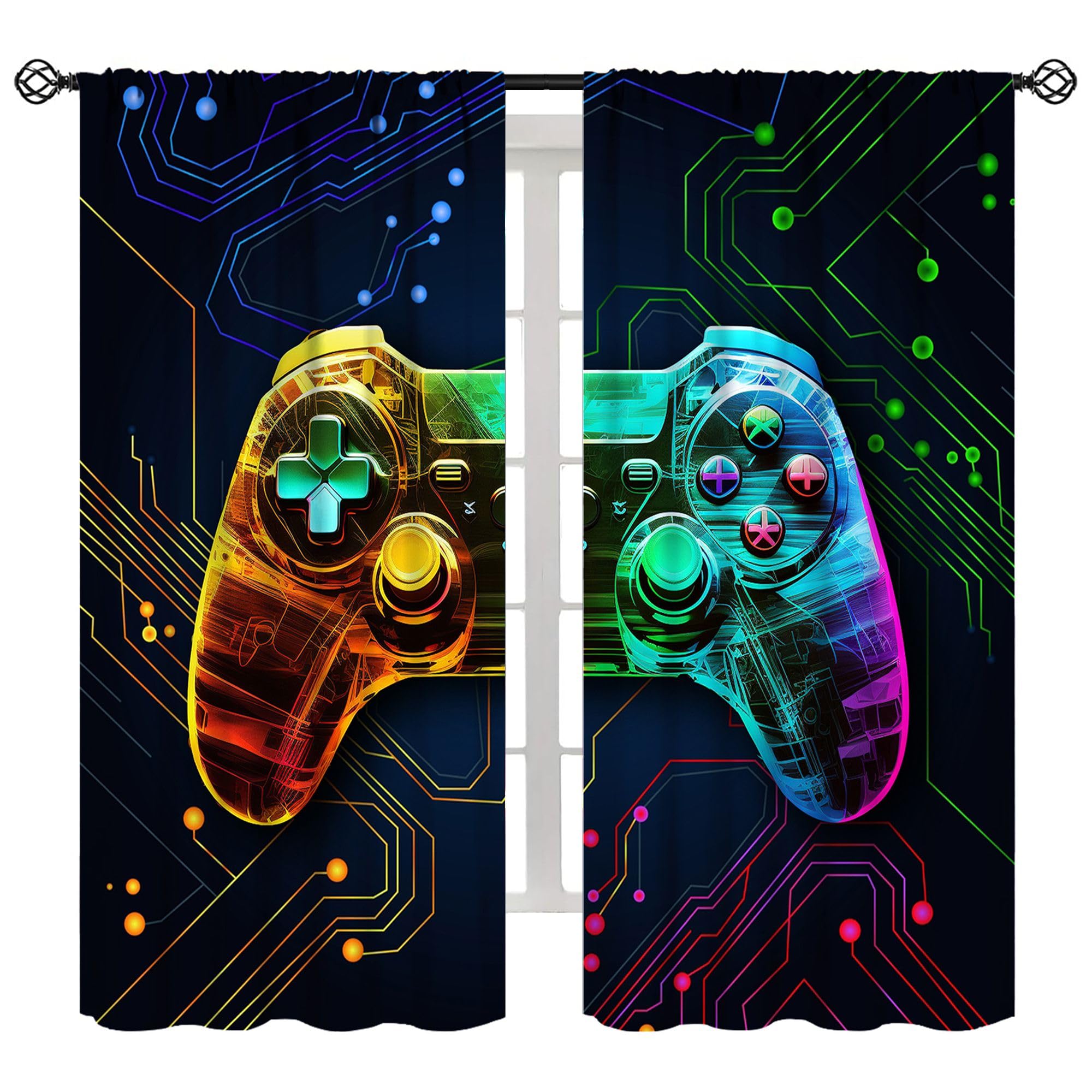 ShiTingYu Game Curtain Modern Game Video Game Controller Neon Lights Modern Geometric Circuit Board Window Treatment for Kids Boys Girls Teens Bedroom
