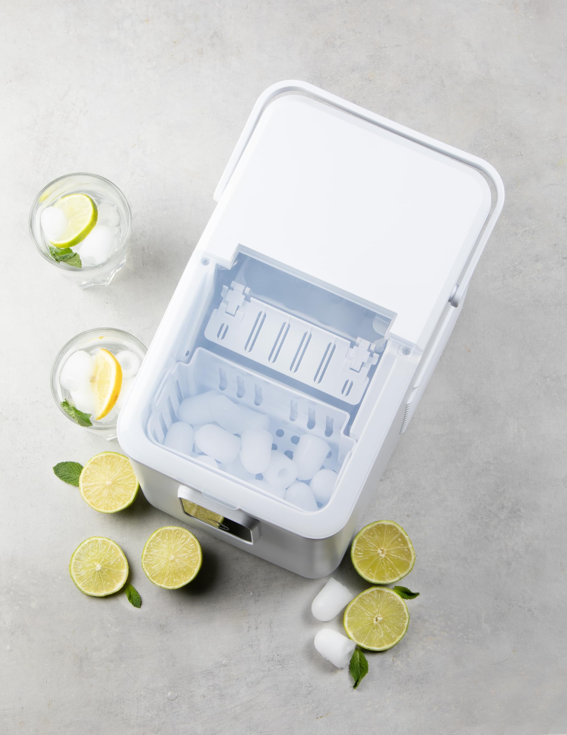 DOMO DO9292IB - Máquina para hacer cubitos de hielo con pala de hielo – 0,8 l – 9 cubitos de hielo en 8 minutos – 12 kg en 24 horas – Pequeña máquina de hielo portátil con mango – Blanco
