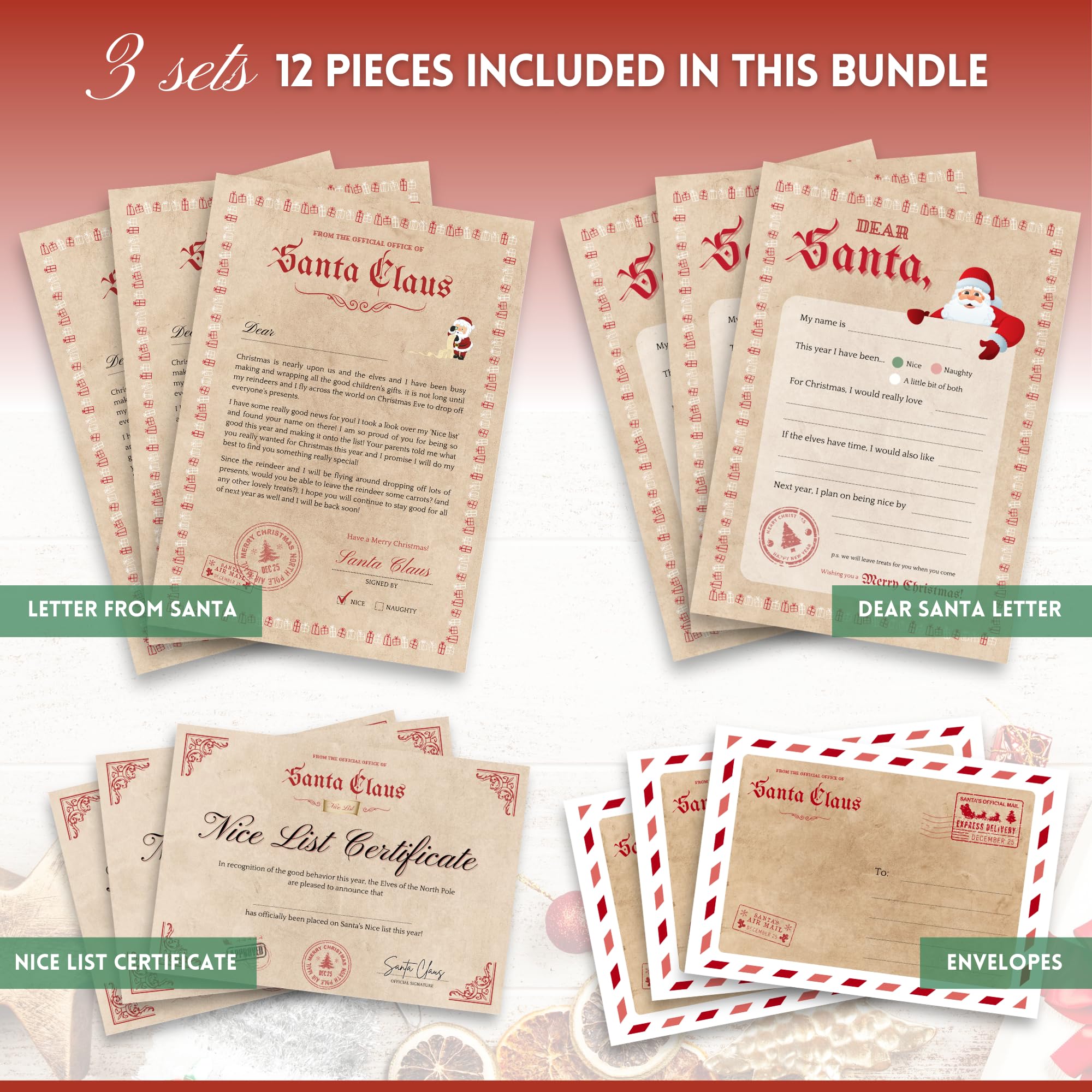 Santa Letter Bundle - 3x Letters from Santa, Nice List Certificates, Letters to Santa & Envelopes (12-Piece Set) - Image 3