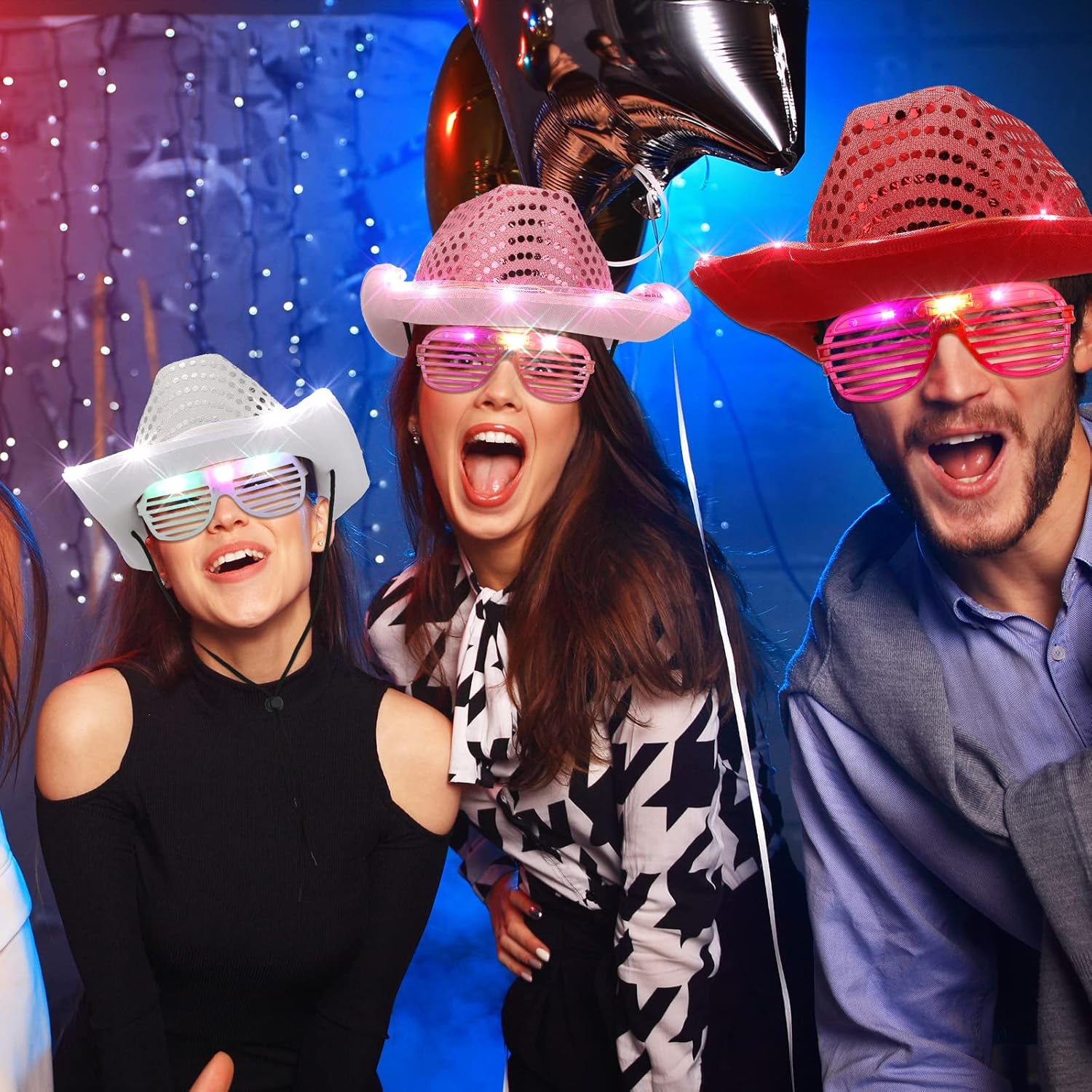 Maitys 12 Pieces Space Cowgirl Hat and LED Glasses Set Glow in the Dark LED Cowboy Hat Shutter Shades Light up Glasses for Women Men Birthday Party Supplies, Assorted Colors - Image 6