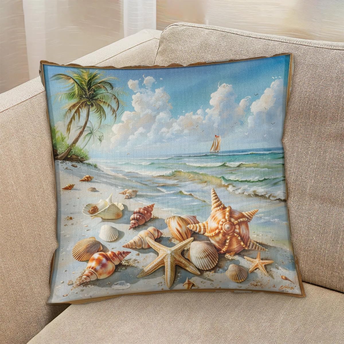 Ocean Beach Pillow Covers 22 x 22 Inch Set of 2, Tropical Beach Starfish Seashell Throw Pillow Covers Set Cushion Case Decorative Square Linen Pillowcases for Sofa Bed Couch Living Room Car
