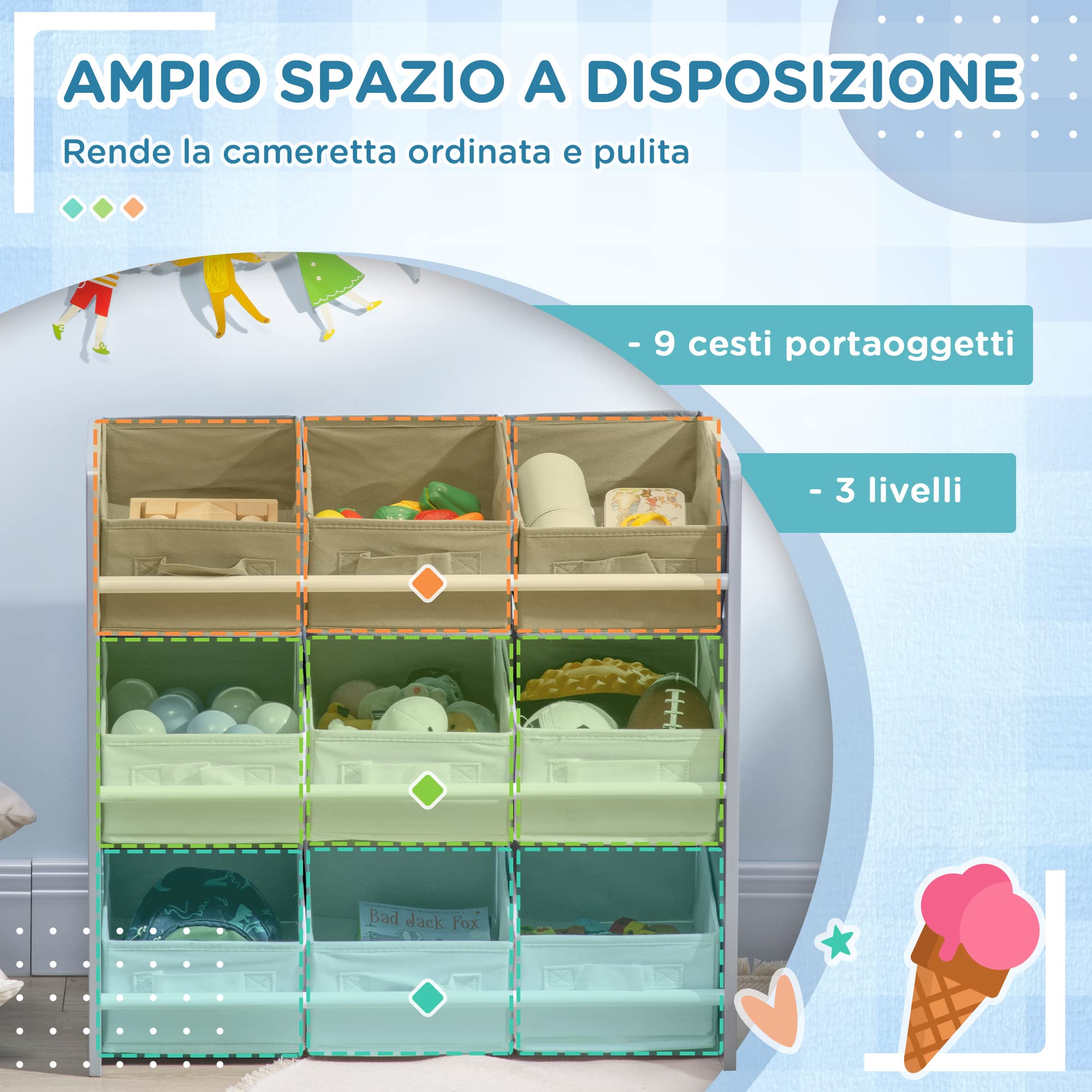 ZONEKIZ Mobile Contenitore per Bambini con 9 Cestini Rimovibili, Mobiletto Portagiochi in Legno MDF e Tessuto, 63x30x60 cm, Grigio