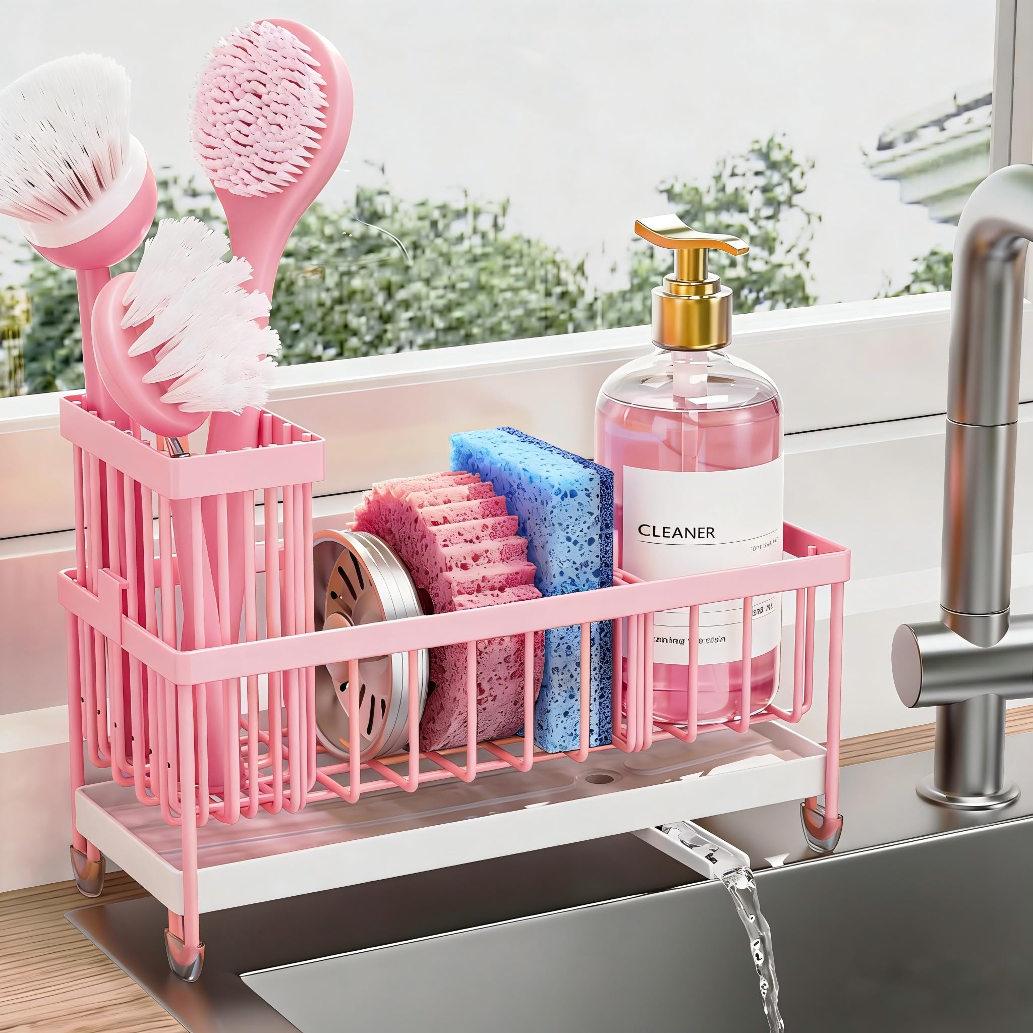 Cisily Soporte de Esponja Rosa para Fregadero de Cocina, Organizador de Fregadero con Soporte Alto para cepillos, encimera de Cocina, Acero Inoxidable 304, dispensador de jabón, organizadores de