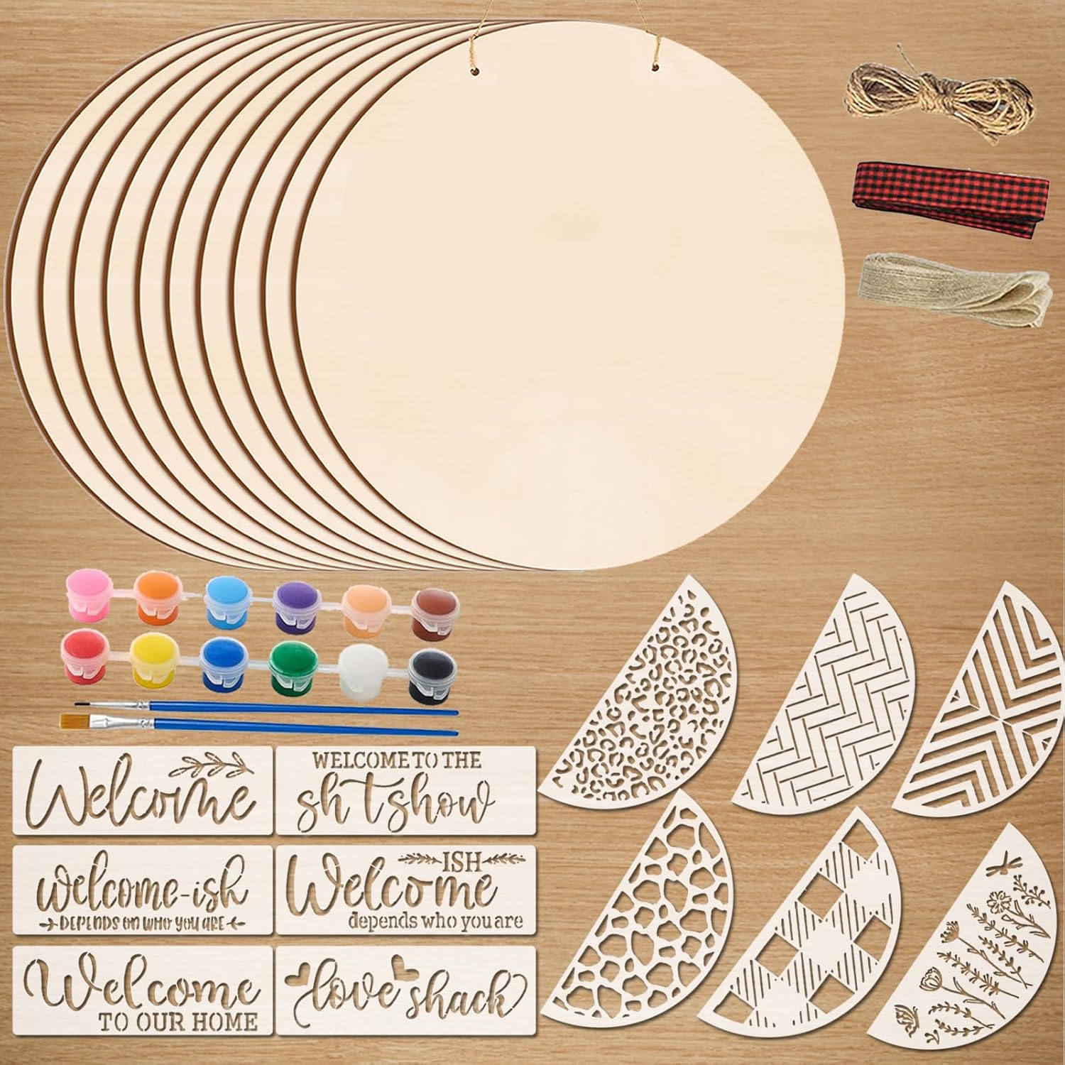12 Inch Wood Circles for Crafts, 10Pcs Unfinished Wood Rounds with 12Pcs Welcome Stencils & Painting, DIY Wooden Crafts for Door Hanger, Wood Burning, Painting, Gifts for Mother's Day Home Decor