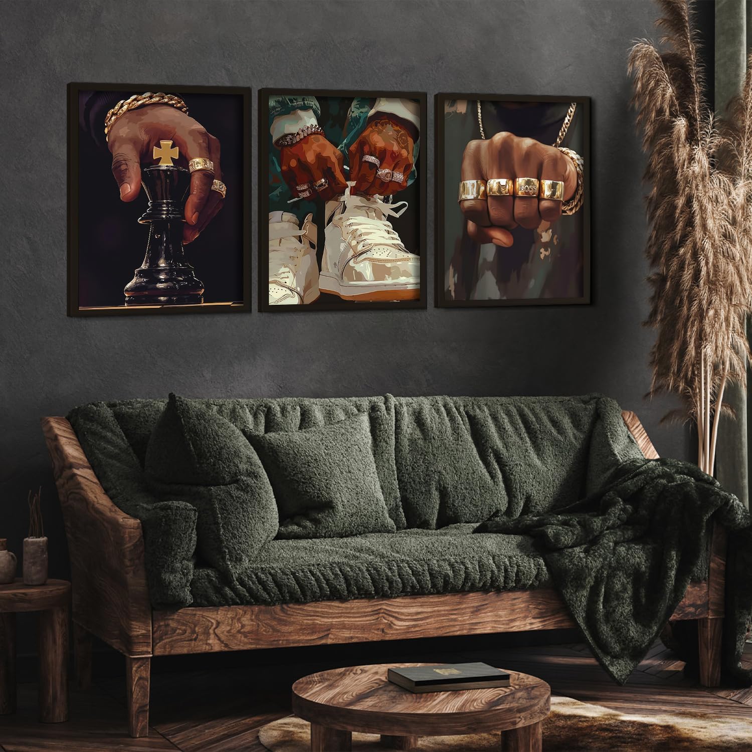 3Pcs Hip Hop Black Men Wall Art Urban African American Man Wall Decor Fashion Male Prints Boss Rings Pictures King Chess Gold Chain Street Painting for Living Room Bedroom16x24in Unframed Posters