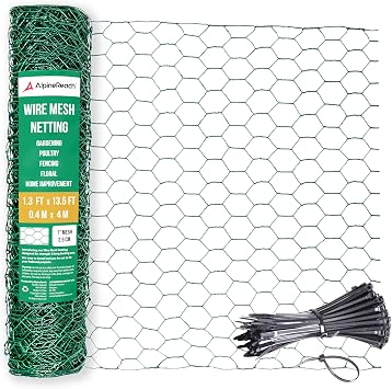 AlpineReach Chicken Wire 1.3ft x 13.5ft Fencing for Poultry, Crafts, Floral Arrangements, Zip Ties - Green Mesh Roll Galvanized Hexagonal PVC Coated Garden Netting for Gardening Fence 15.6" x 162"