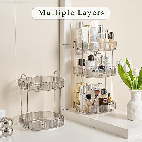 Miniatura 4 de CICUFY Organizador de maquillaje giratorio cuadrado Organizador de contador de baño para cosméticos de cuidado de la piel de perfume - Gris 2 niveles