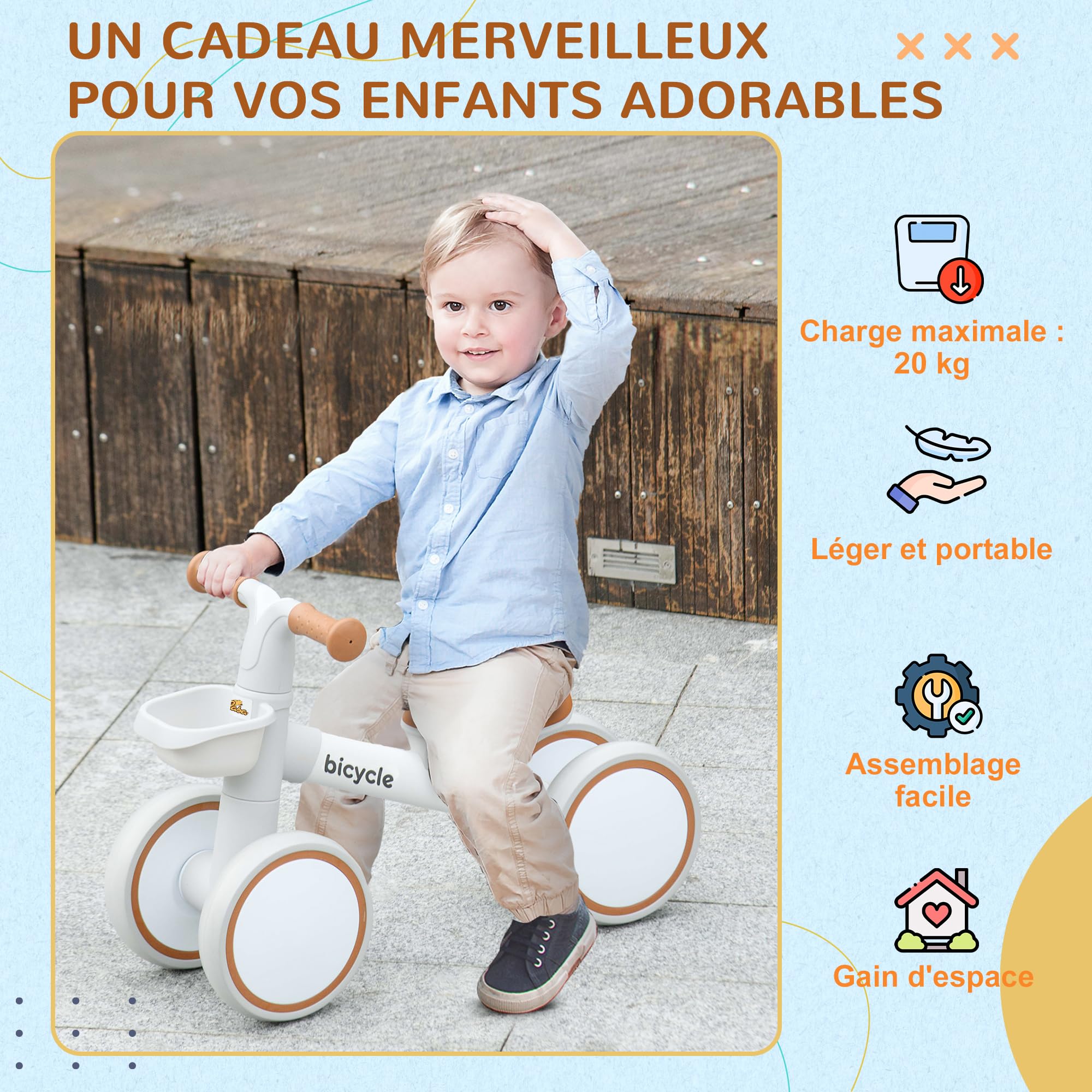 AIYAPLAY Draisienne vélo Enfant 4 Roues Selle réglable Guidon Ergonomique Alliage alu PP 1 à 3 Ans