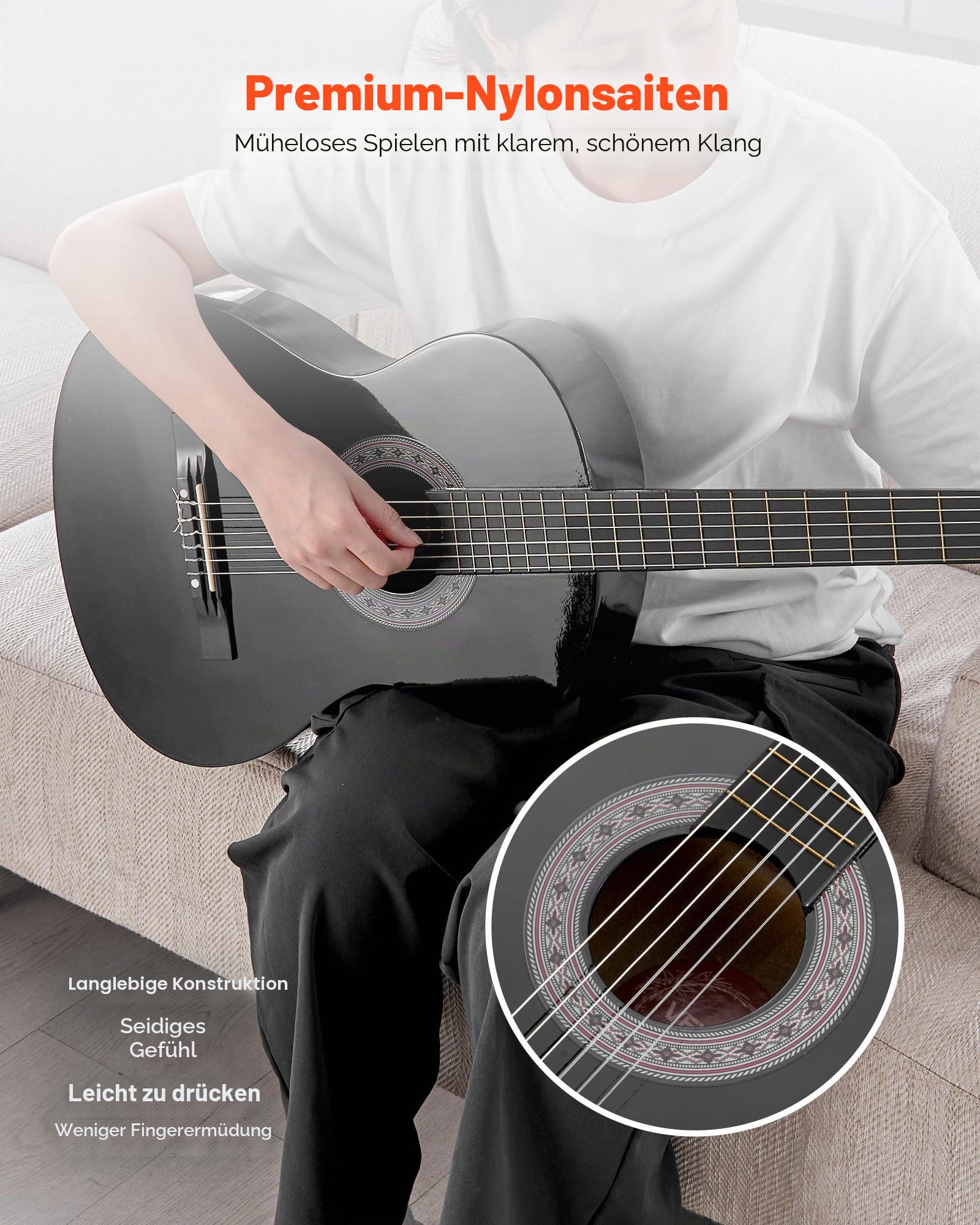 VEVOR Konzertgitarre, 960 mm, Holz-Klassikgitarren-Starter-Set für Anfänger, mit Nylonsaiten, Gigbag, Gurt, Stimmgerät, zusätzlichen Saiten, Plektren, Kapodaster, Linde, für Einsteiger, Schwarz
