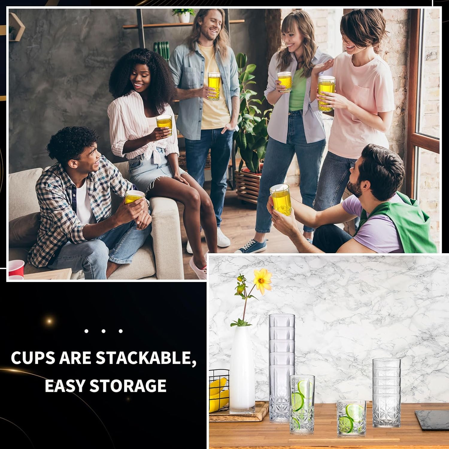 LemonRoad 12 Pcs Crystal Glass Cups Mixed Glassware Set 6 Pack 15oz Crystal Old Fashioned Highballs 6 Pack 12oz Whiskey Glasses for Cocktail Whisky Beer Soda Tea Beverages Dishwasher Safe(Star) - Image 5