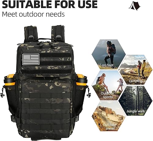 Miniatura 4 de Mochila de asalto táctico de 45L paquete de asalto de 3 días con mochila impermeable Molle para mochilas tácticas, Camo Negro, Mochila