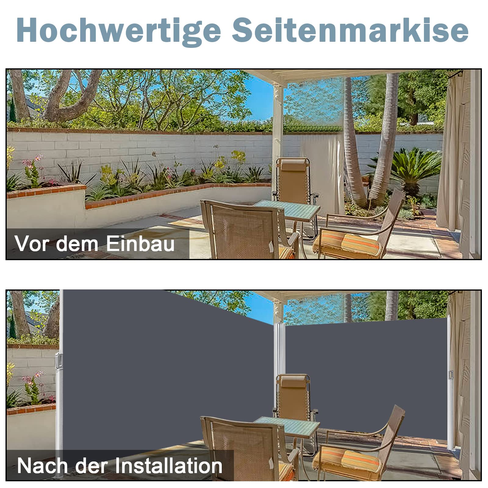 Herrselsam Store latéral Double, 160x600cm Extractible Brise-Vue Pare-Soleil, Protection Solaire, Brise-Vent, Vertical pour Jardin, Balcon, Terrasse, Gris
