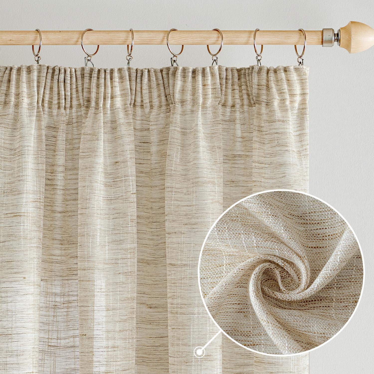 Woaboy Rideaux en Lin avec Ruban Fronceur Rideaux Modernes Translucides pour Salon Fenêtre Chambre Lot de 2, 140x260cm Naturel