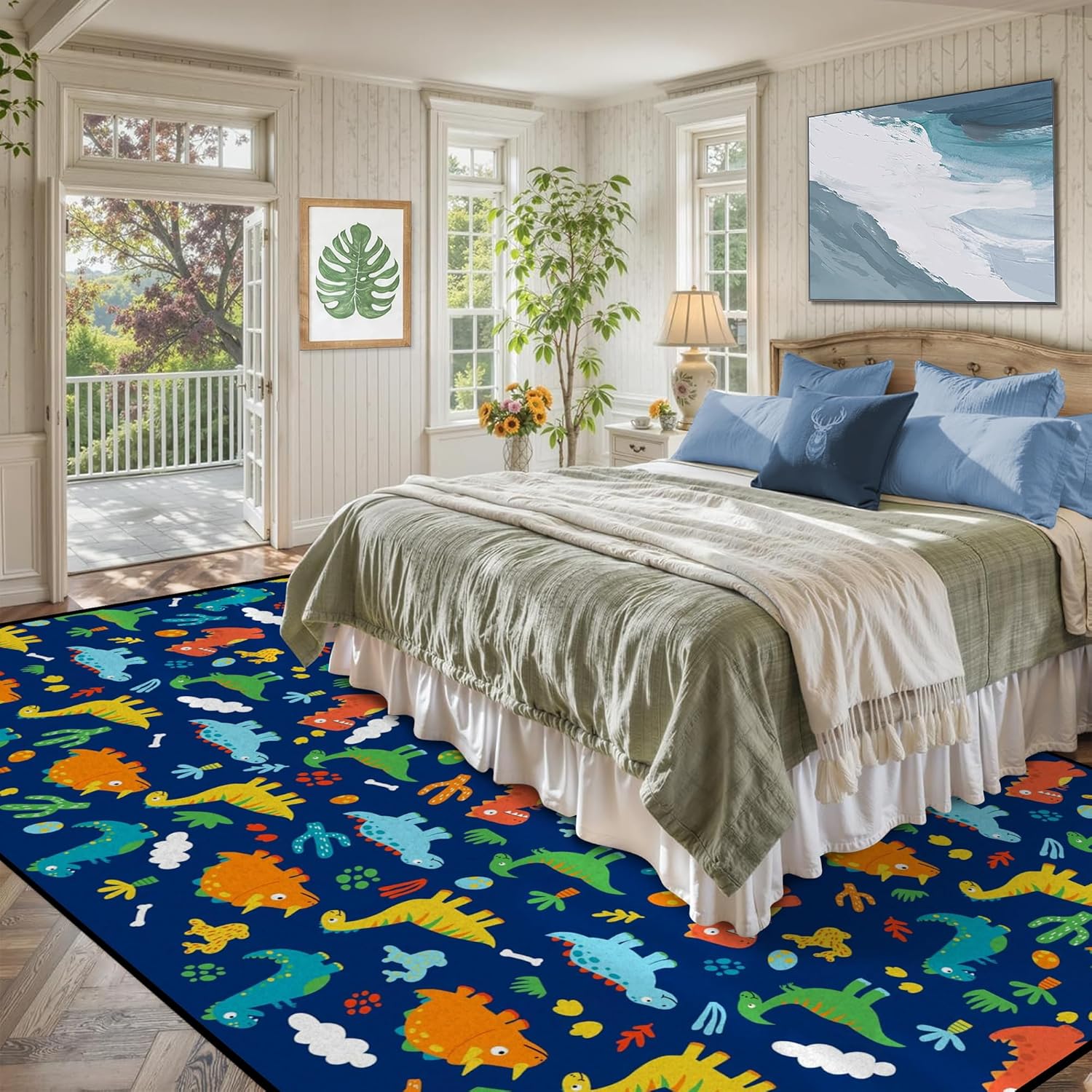 6' x 9' Dinosaurs Rug Blue Area Rugs for Kids Boys Girls Living Room Bedroom Dormitory Washable Floor Mat Cartoon Throw Rug Carpet Room Decor