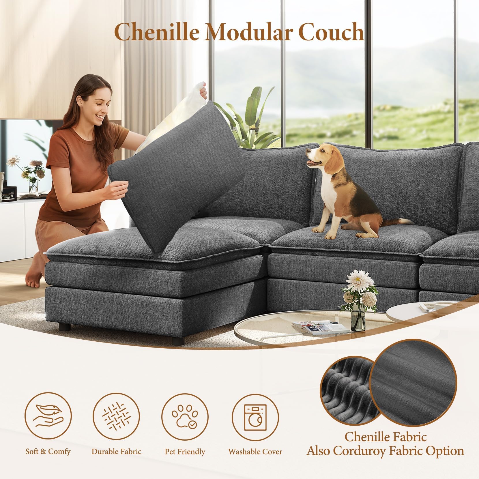 Comfy Cloud Couch with Movable Ottoman Deep Seat Chenille L Shaped Modular Sofa,108" Modular Sectional Sofa, Sectional Couches for Living Room, Bedroom and Apartment (Grey) — view 6