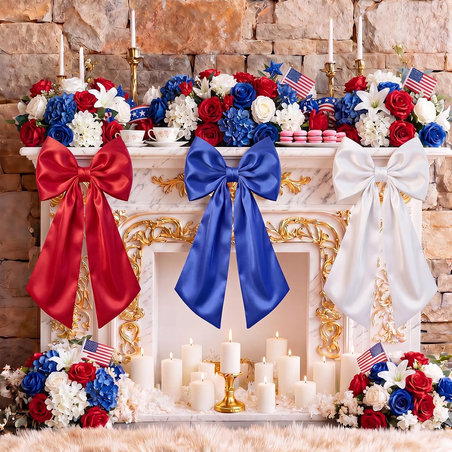 Riceshoot 3 Pcs Red White Blue Large Satin Bows 24 x 12 Inch Each 4th of July Patriotic Big Bow Decoration 250th Anniversary Tree Topper for Mantle Indoor Outdoor Memorial Day Veteran Independence Day