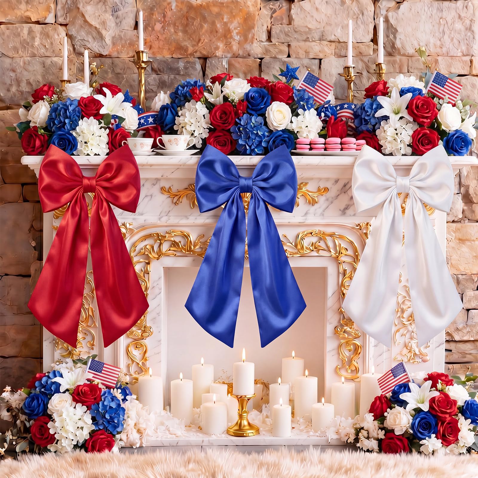 Photo 1 of Riceshoot 3 Pcs Red White Blue Large Satin Bows 24 x 12 Inch Each 4th of July Patriotic Big Bow Decoration 250th Anniversary Tree Topper for Mantle Indoor Outdoor Memorial Day Veteran Independence Day