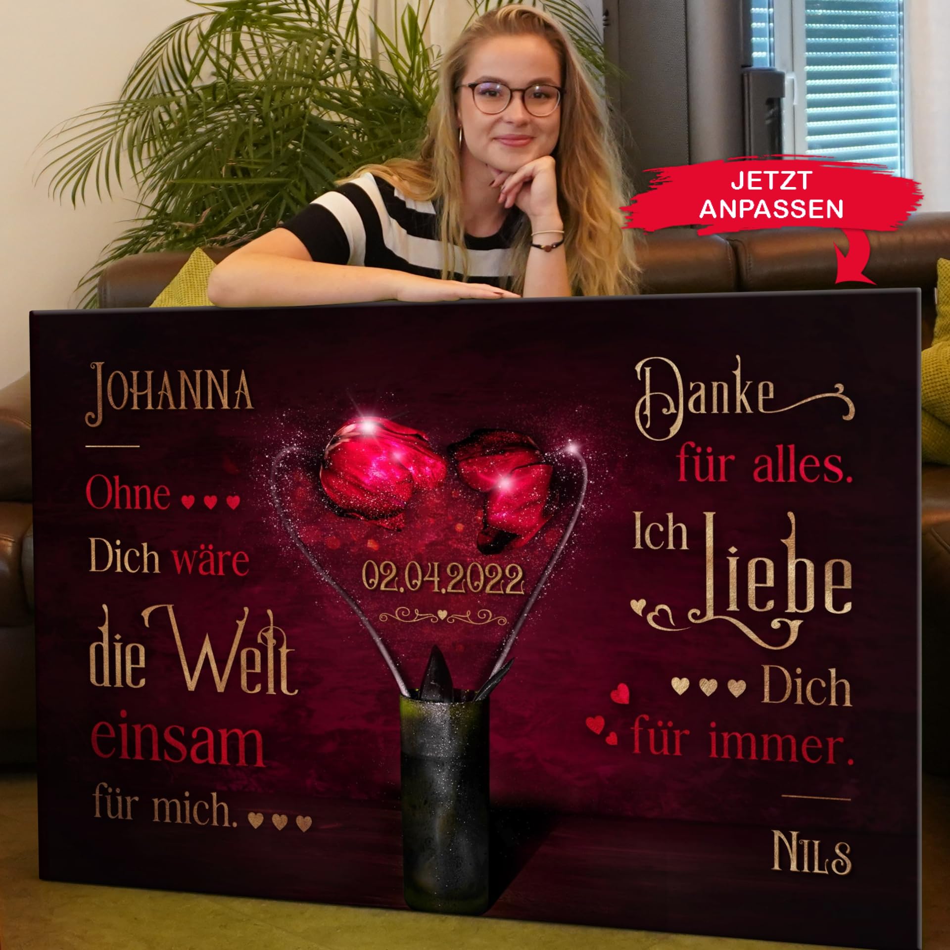 Liebesleinwand | Leinwand mit Namen und Datum | Wandbild gestalten, Jahrestag Geschenk für Frauen und Männer | Blüte an Blüte