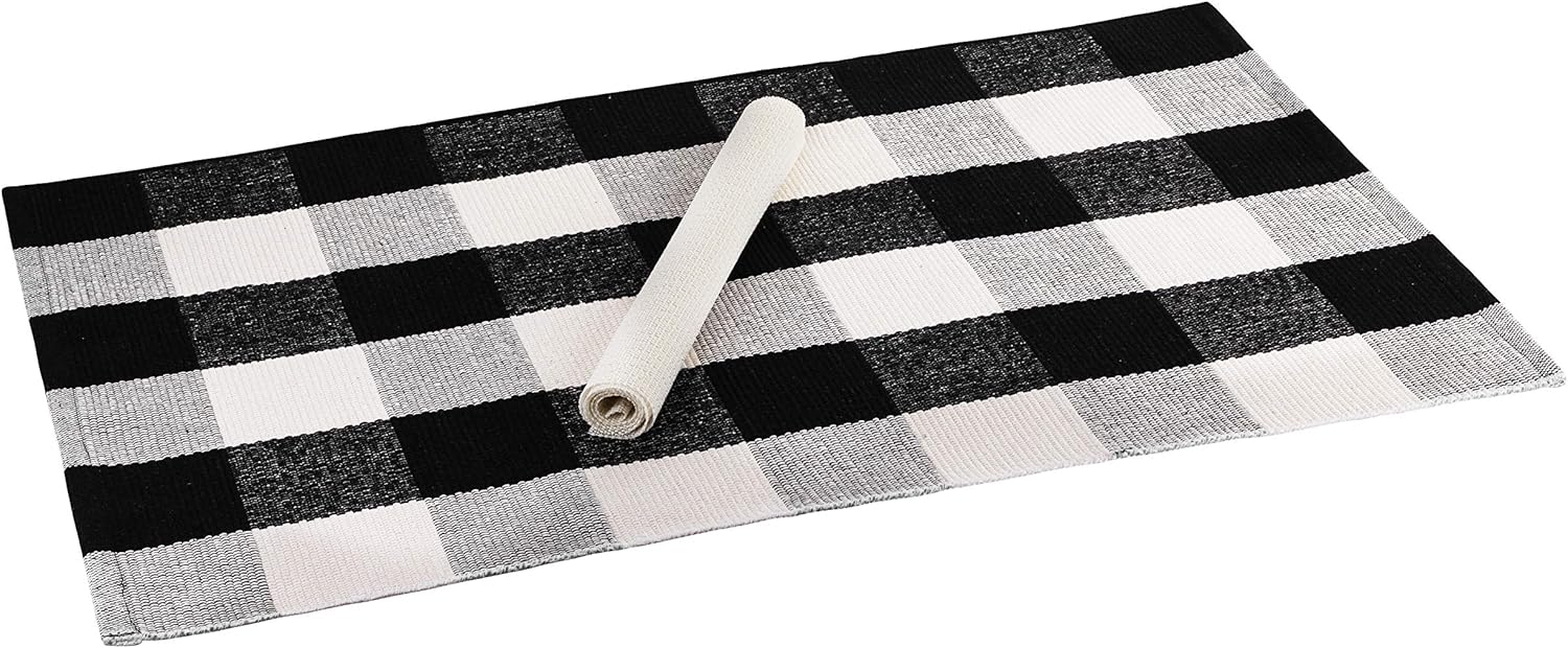Buffalo Plaid Rug | Buffalo Check Outdoor Rug | Black and White Checkered Outdoor Rug | Front Door Mat | Porch, Kitchen & Indoor Rugs | Cotton Welcome Rug | Washable 24x36 Inches + Bonus Anti-Slip Mat