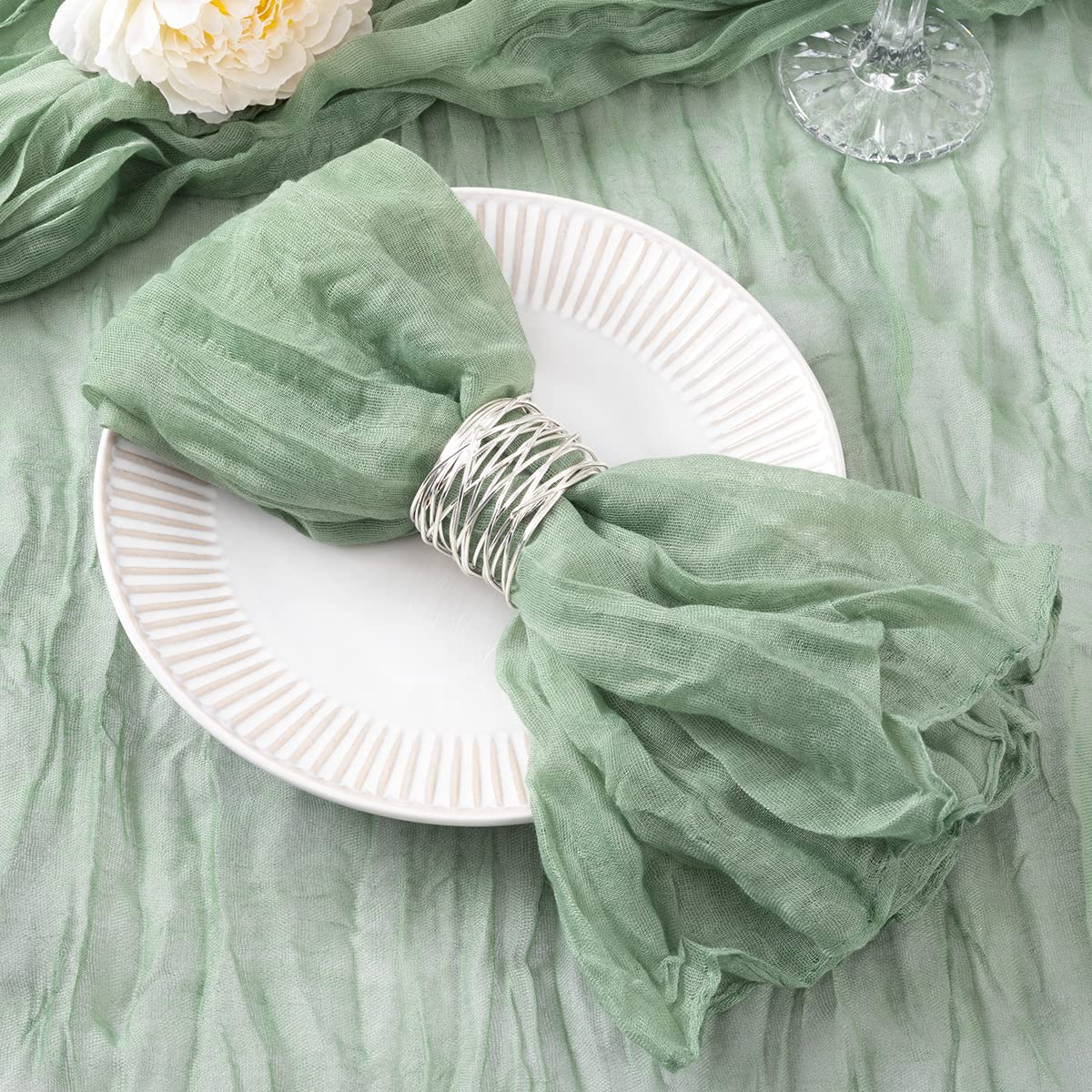 50Pack Sage Green Cloth Napkins Boho Gauze Cheesecloth Napkins Bulk Set of 50 Soft Cotton Linen Dinner Napkins 21"x21" for Easter Wedding Bridal Baby Shower Daily Use