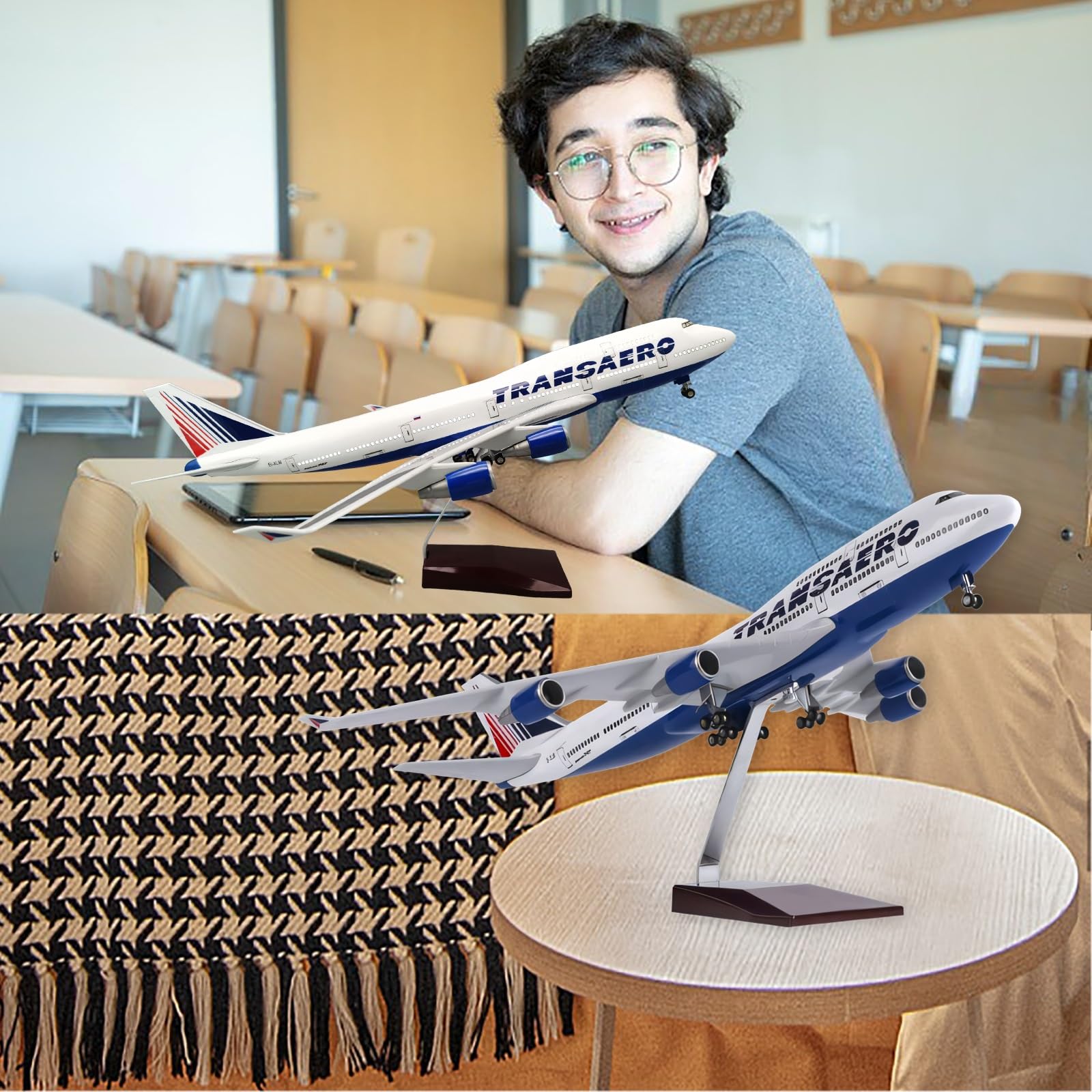 47CM 1:150 Russia Transaero Airlines B747 modello di aereo aereo macchina for pressofusione con luce e carrello di atterraggio ruote for appassionati aviazione, arredamento(With light)